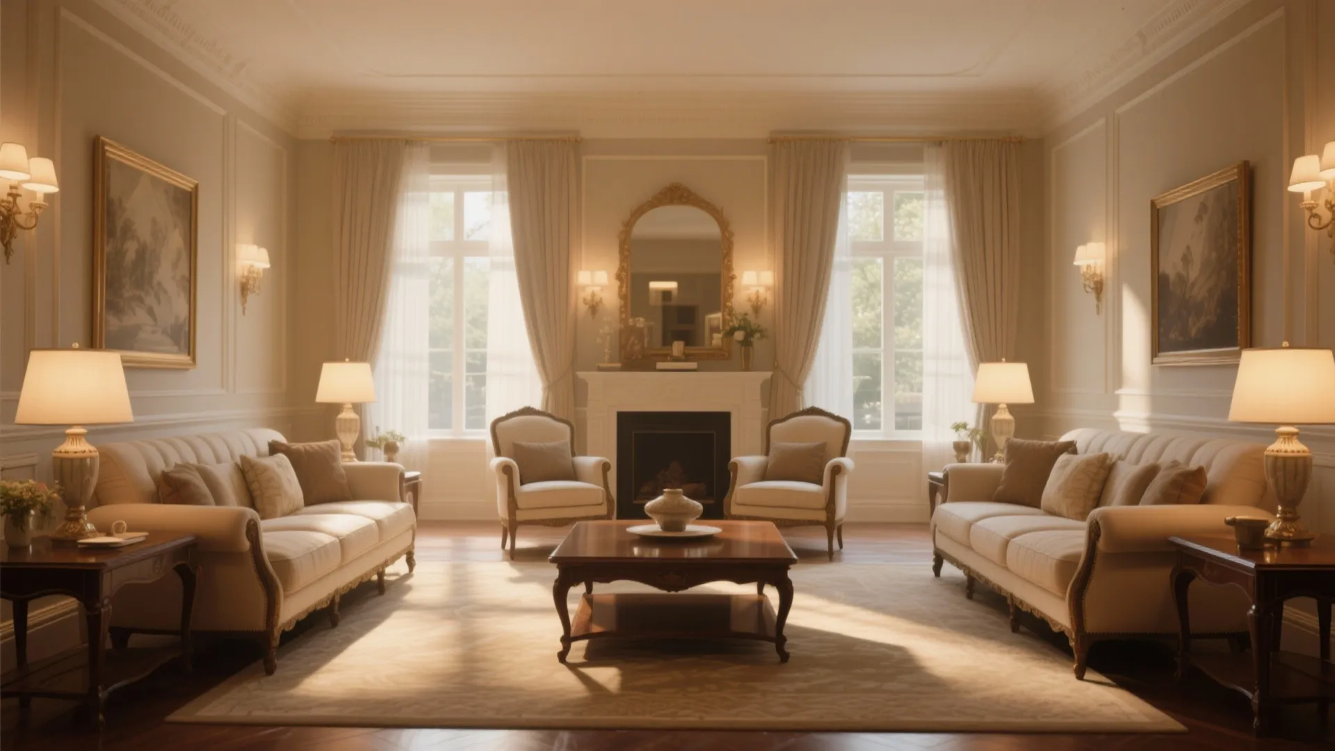 Symmetrical luxury living room with white sofas fireplace mirror wall lights curtains and dark wood floor