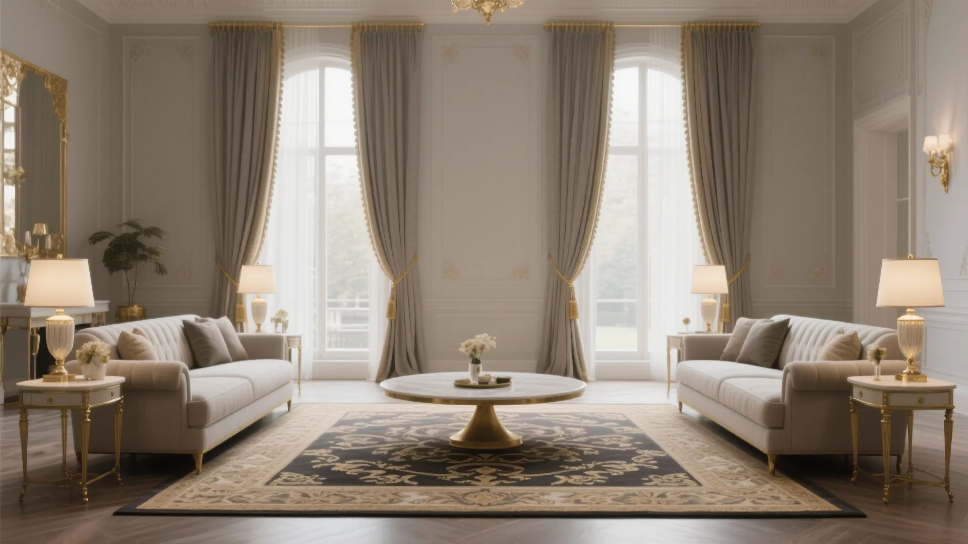 Luxury living room with symmetrical white sofas gold side tables large windows and grey curtains