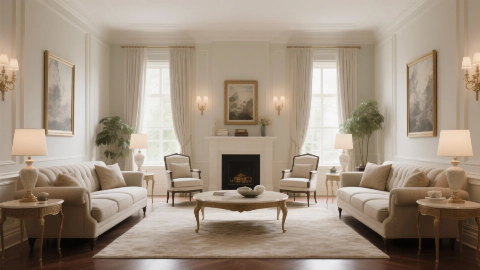 Symmetrical luxury living room with white sofas, fireplace, coffee table, wall lights, and large windows