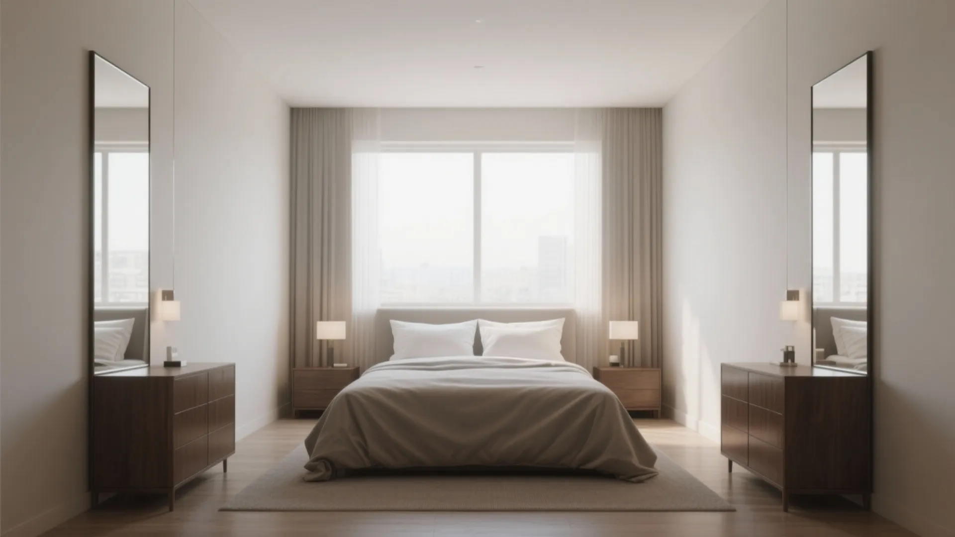 5. Symmetrical layout with slim dresser and floor mirror