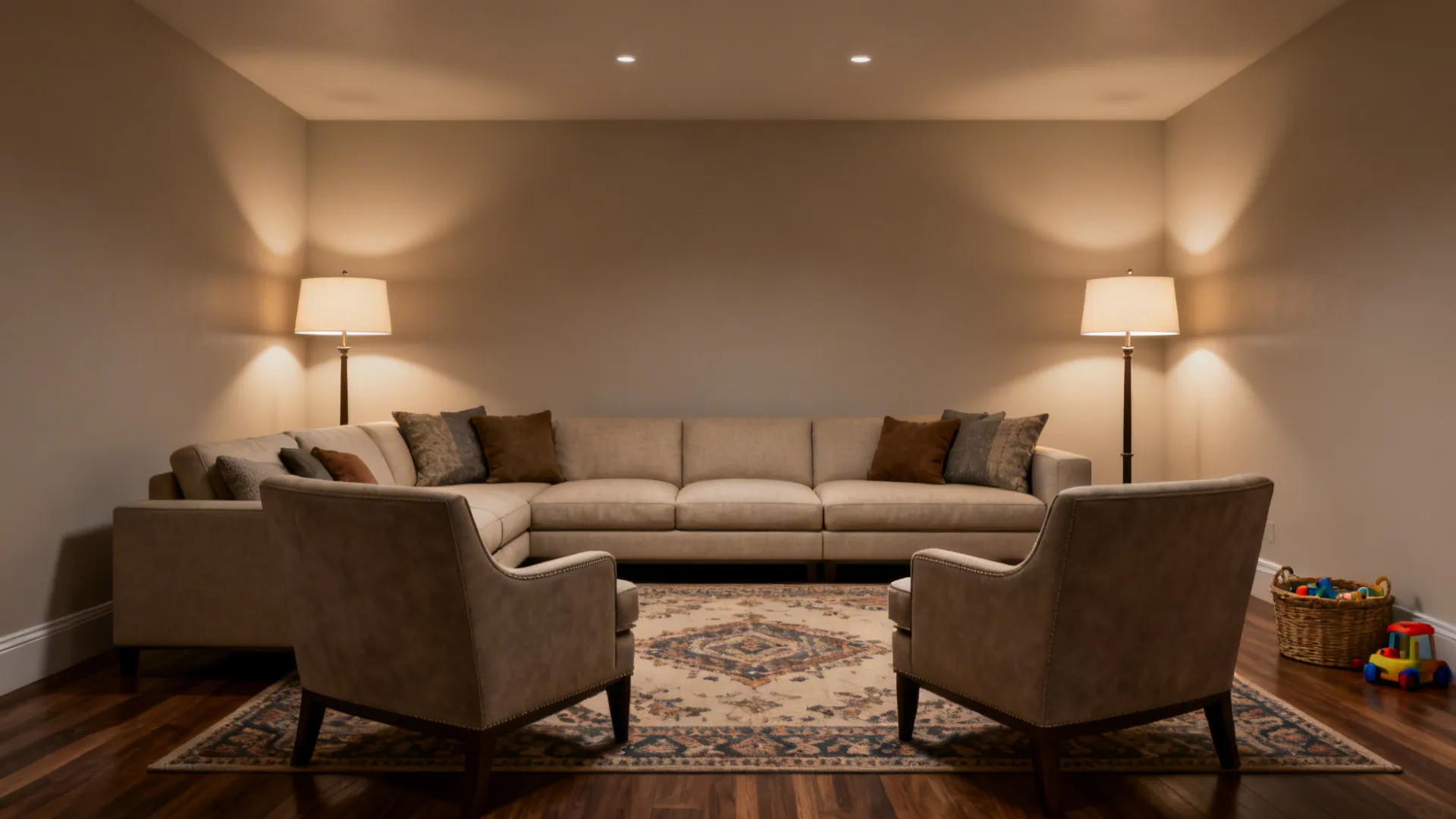 4. Symmetrical layout with sectional plus accent chairs