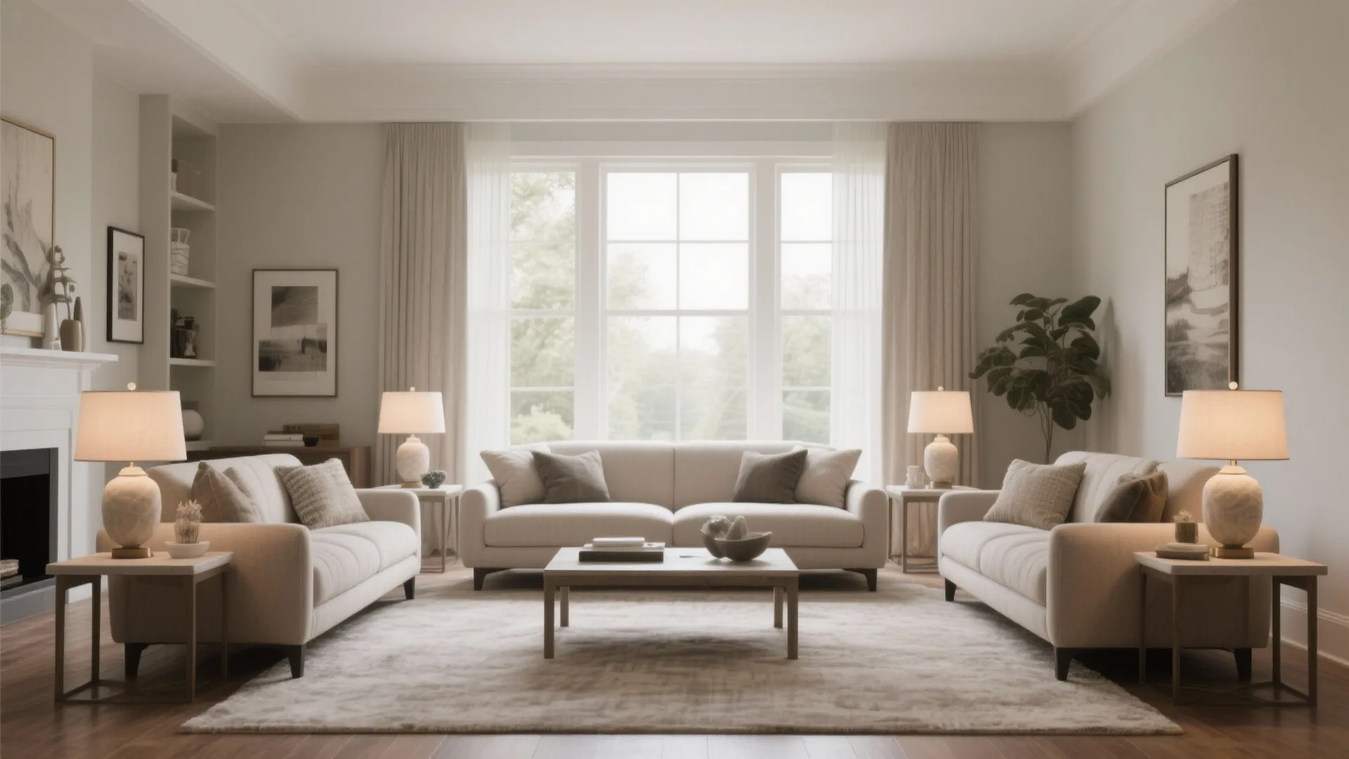 Symmetrical living room design with three beige sofas grey rug and warm white table lamps