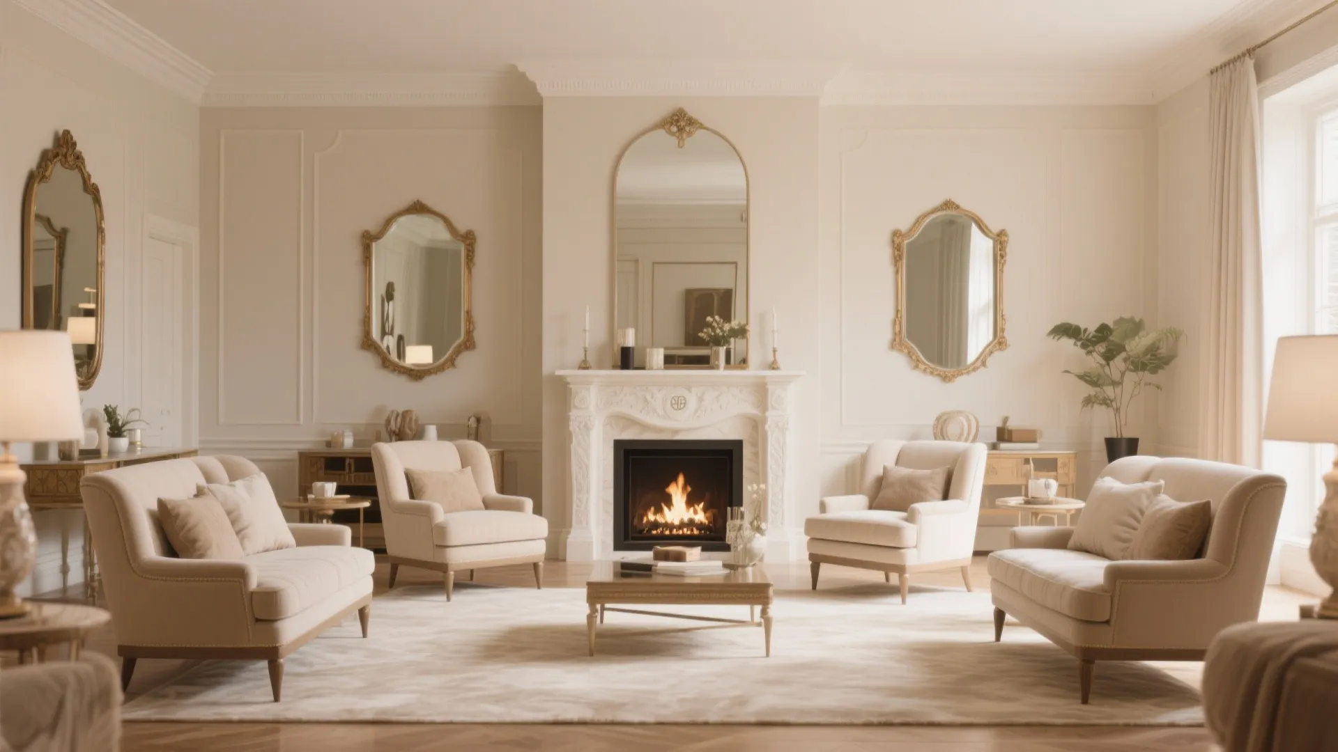 Symmetrical living room design with white sofas, fireplace, gold mirrors, wall panels, and light rug