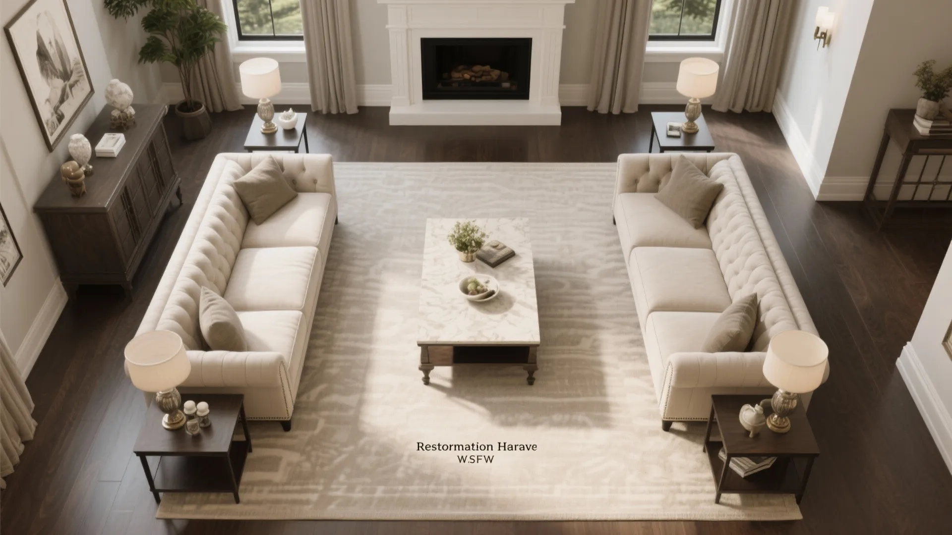 Top-down view of a symmetrical living room furniture arrangement