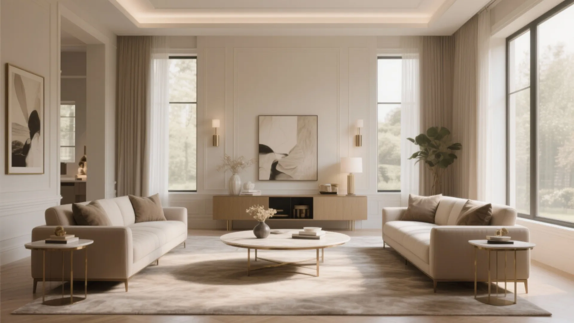 Symmetrical living room design with two white sofas facing a round marble table and cabinet
