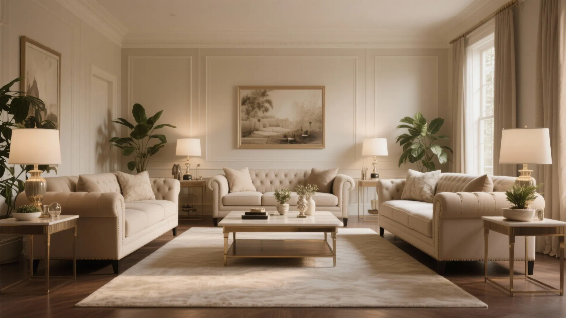 Symmetrical living room design with three beige sofas white rug table lamps and indoor plants