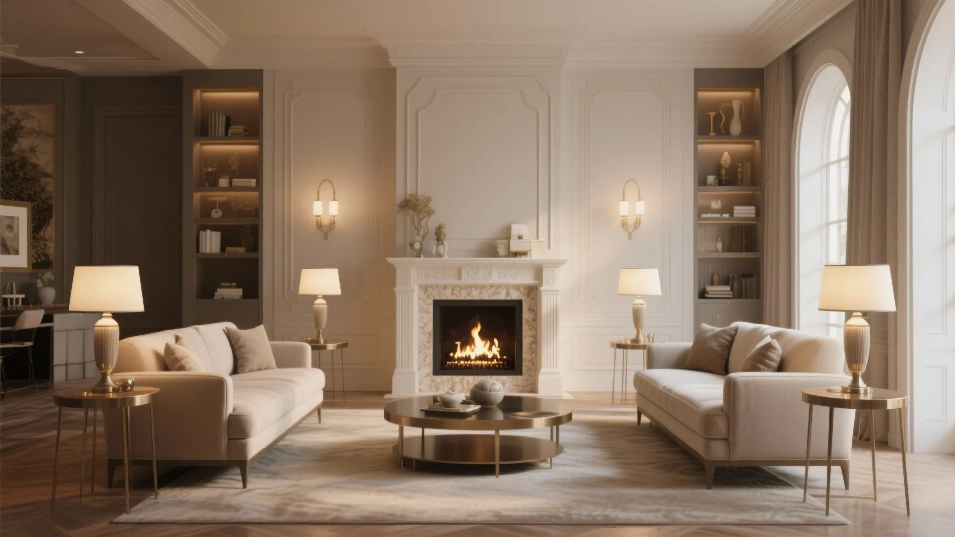 Symmetrical luxury living room with two sofas facing fireplace and elegant gold table lamp fixtures