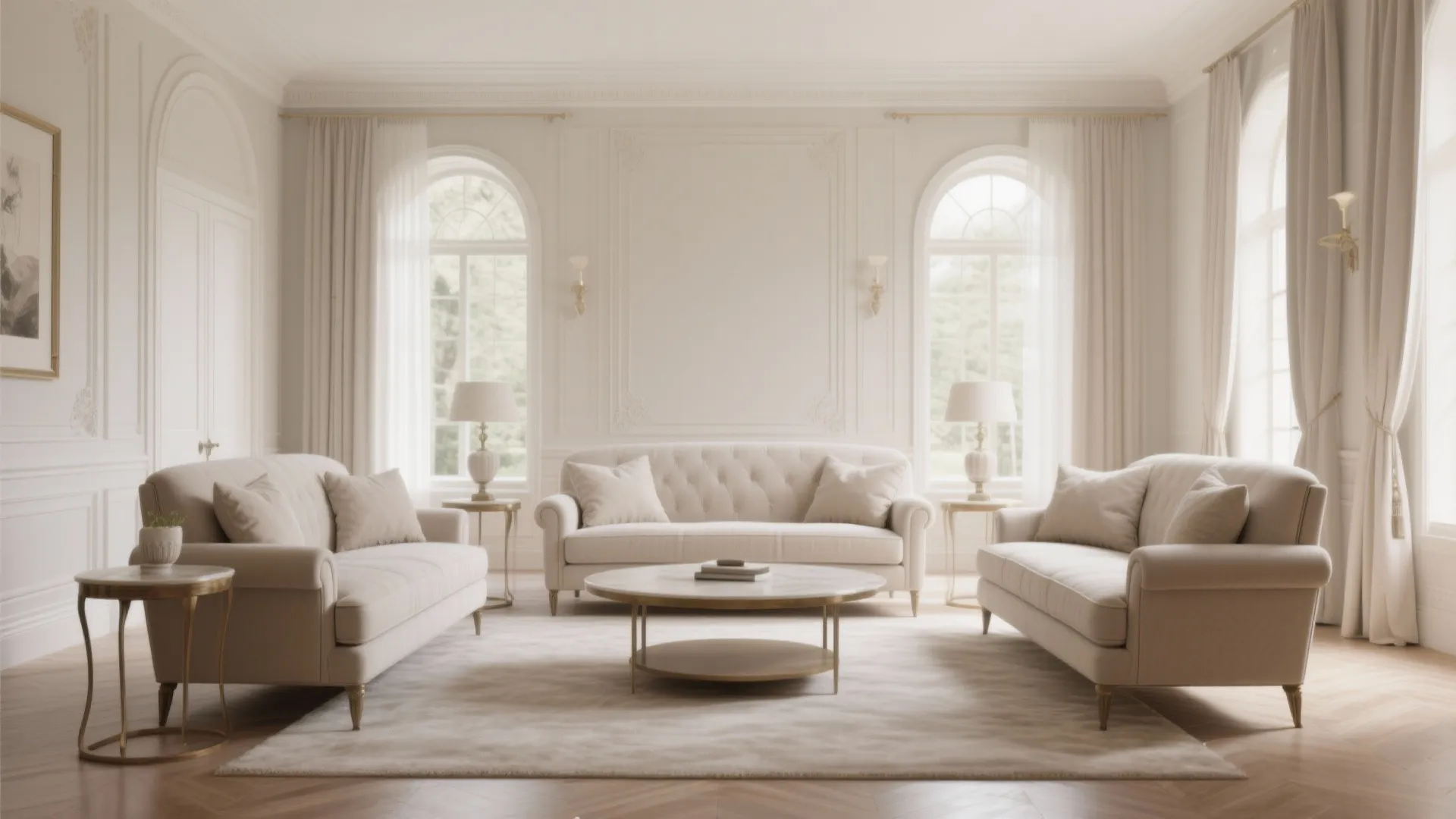 Elegant white living room with three classic sofas marble coffee table and large arched windows