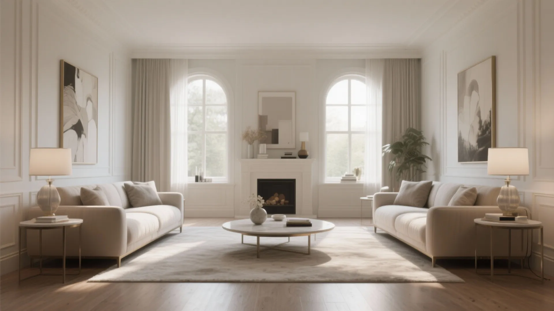 Bright symmetrical living room with white sofas a central fireplace arched windows and soft lighting