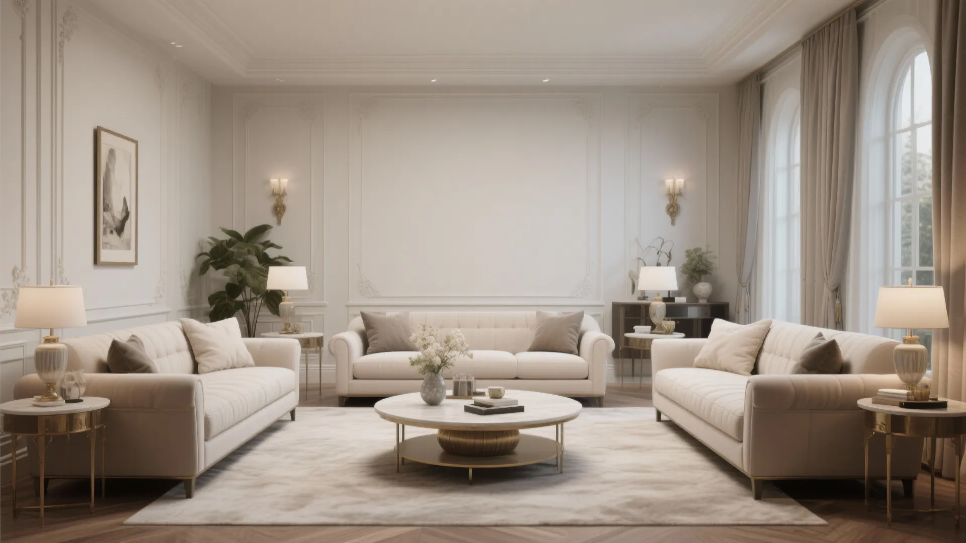 Classic living room with three white sofas round marble table wall panel wall light and windows