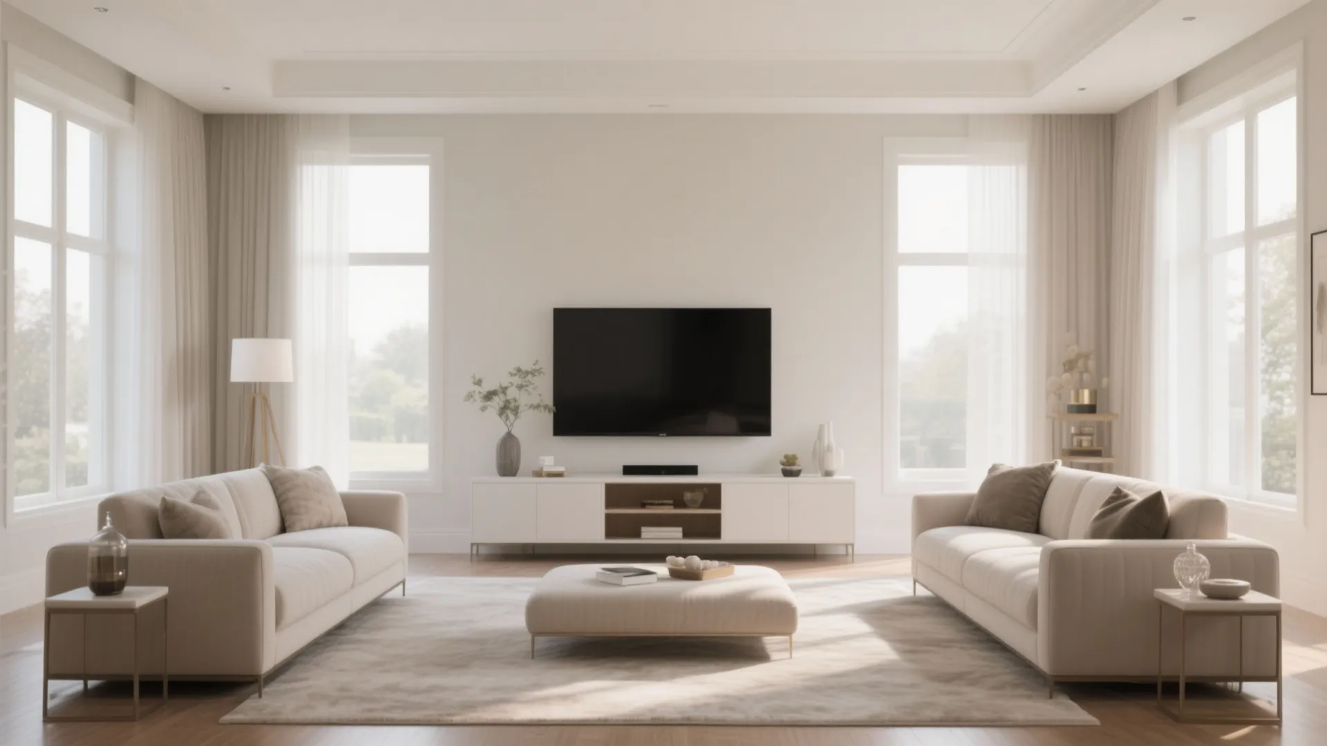 Balanced symmetrical rectangular living room with central TV focal point