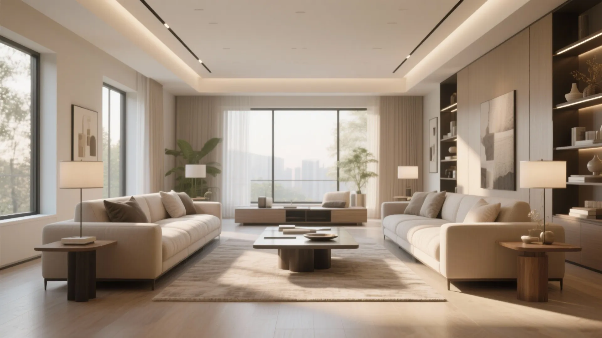 Symmetrical living room design with two white sofas coffee table beige rug and large windows