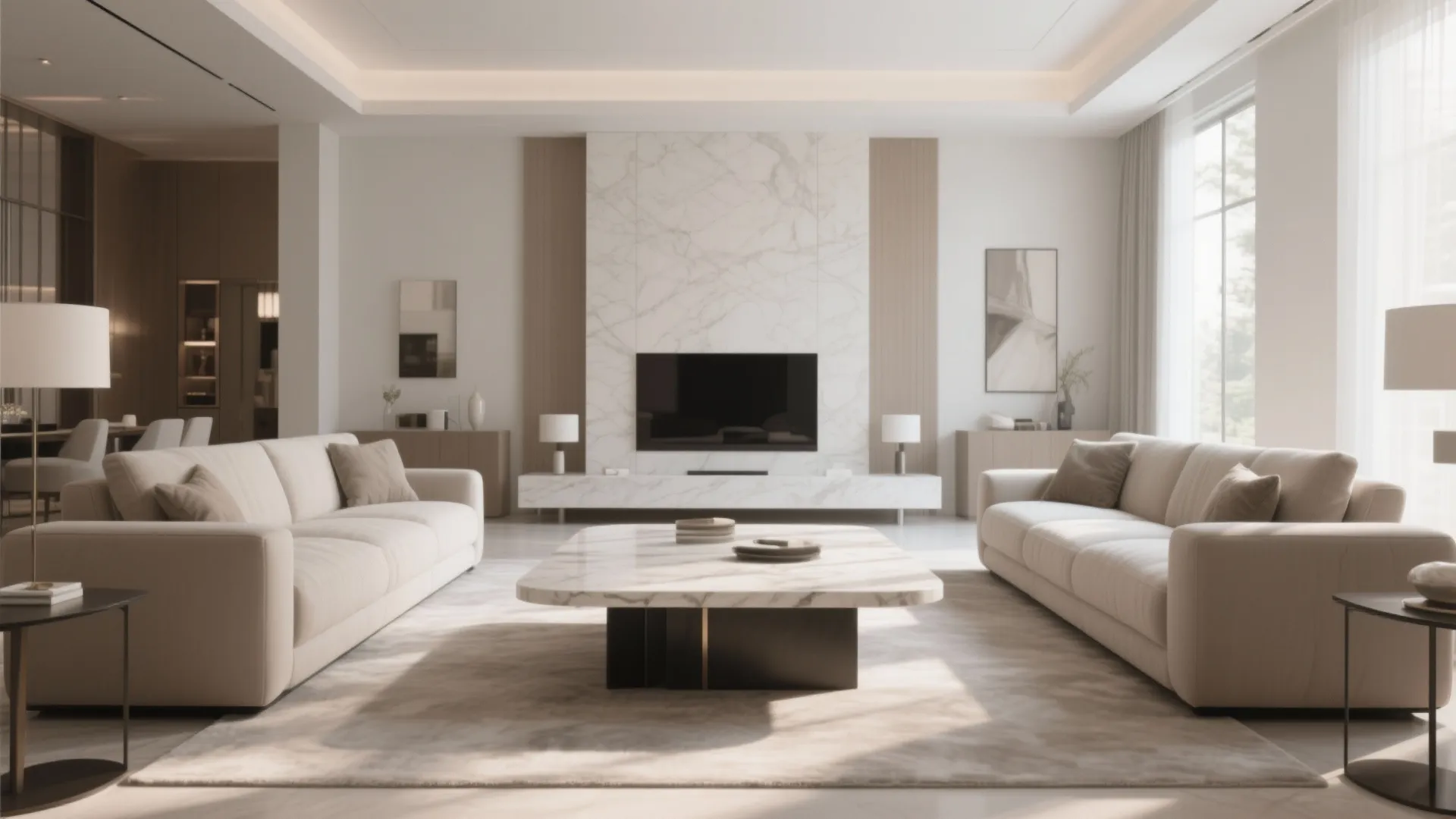 Symmetrical modern living room with cream sofas marble coffee table wall lights and a television