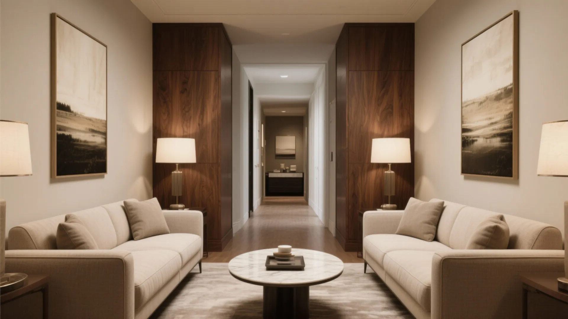 Symmetrical living room design with two beige sofas marble table wooden cabinets and table lamps