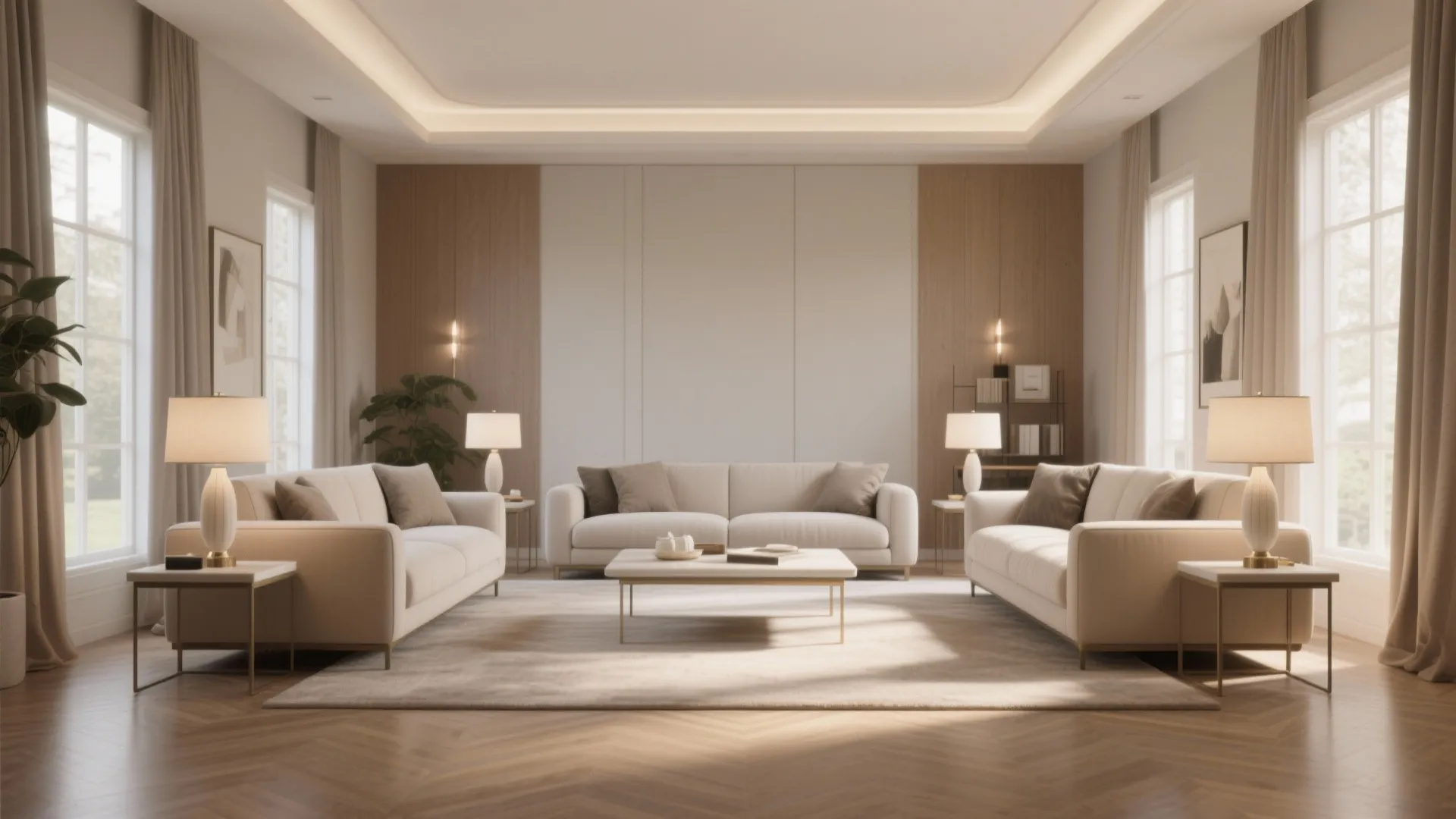 Symmetrical modern living room featuring three cream sofas around a central coffee table with lamps