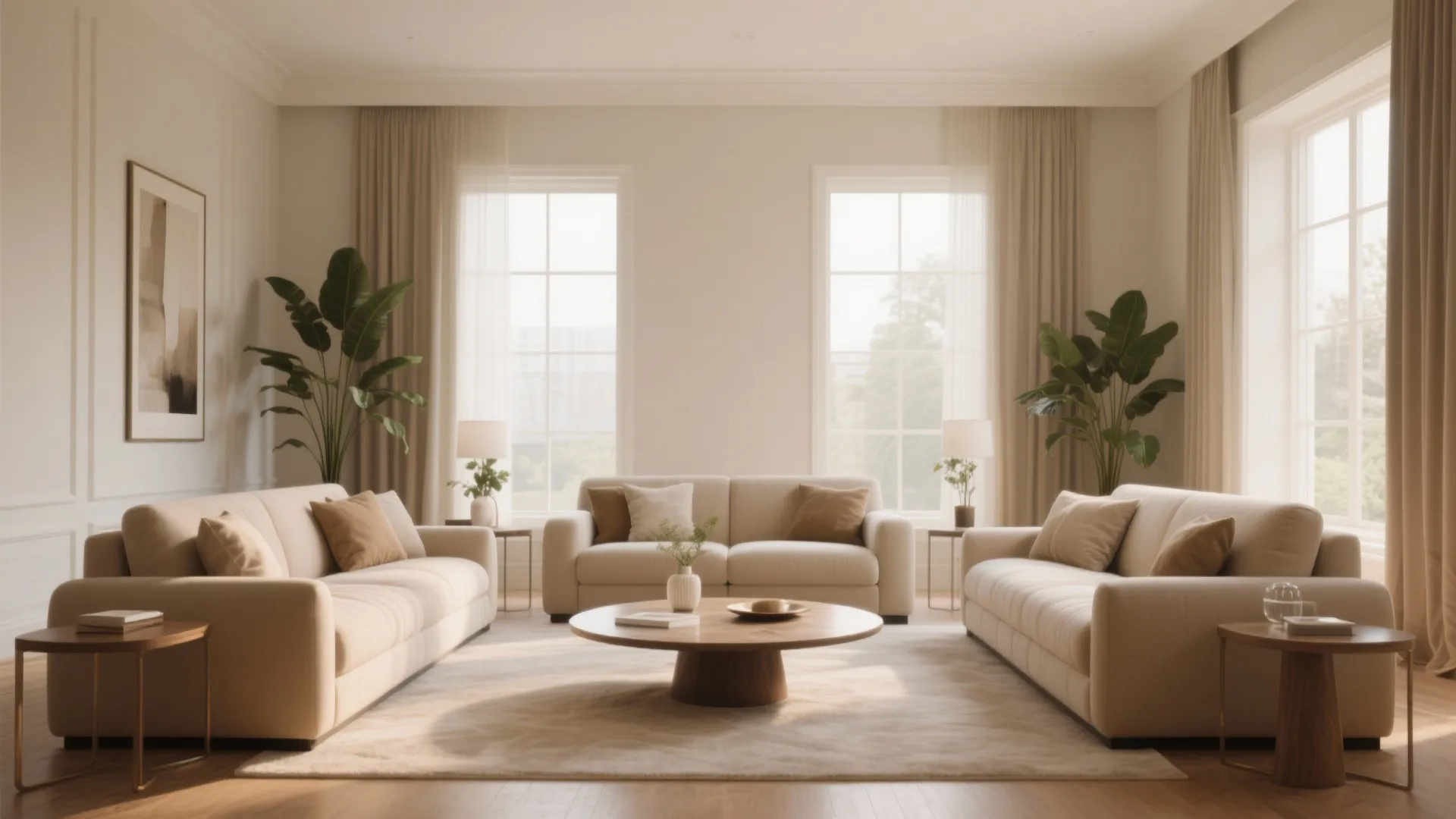 Symmetrical living room design with cream sofas wooden coffee table large windows and green potted plants