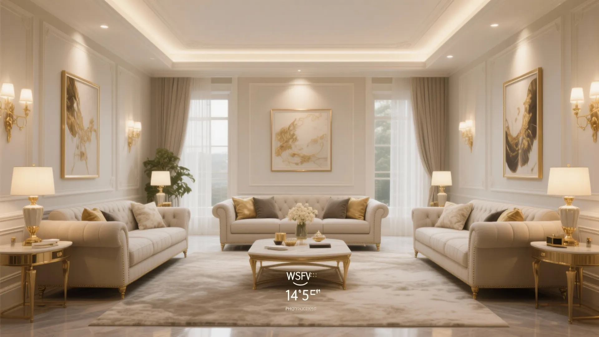 Luxury living room with symmetrical cream sofas gold accents table lamps and elegant wall panels