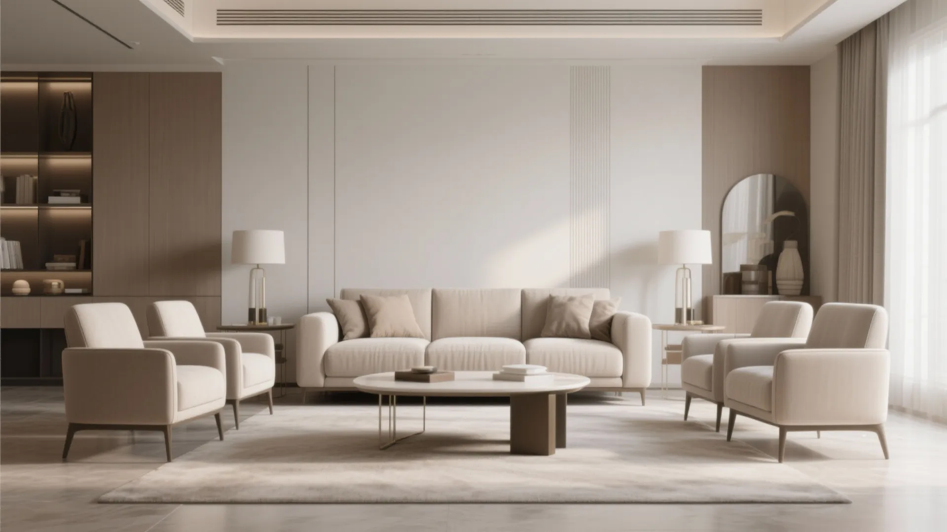Symmetrical living room featuring central beige sofa, four armchairs, and a white oval coffee table