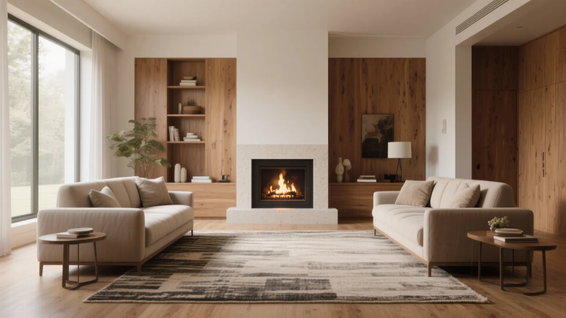 Symmetrical living room design with two beige sofas facing each other around a central fireplace