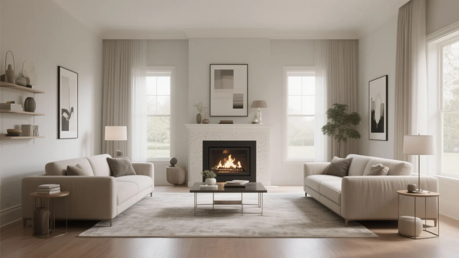 Symmetrical living room design with fireplace two white sofas coffee table rug and bright windows