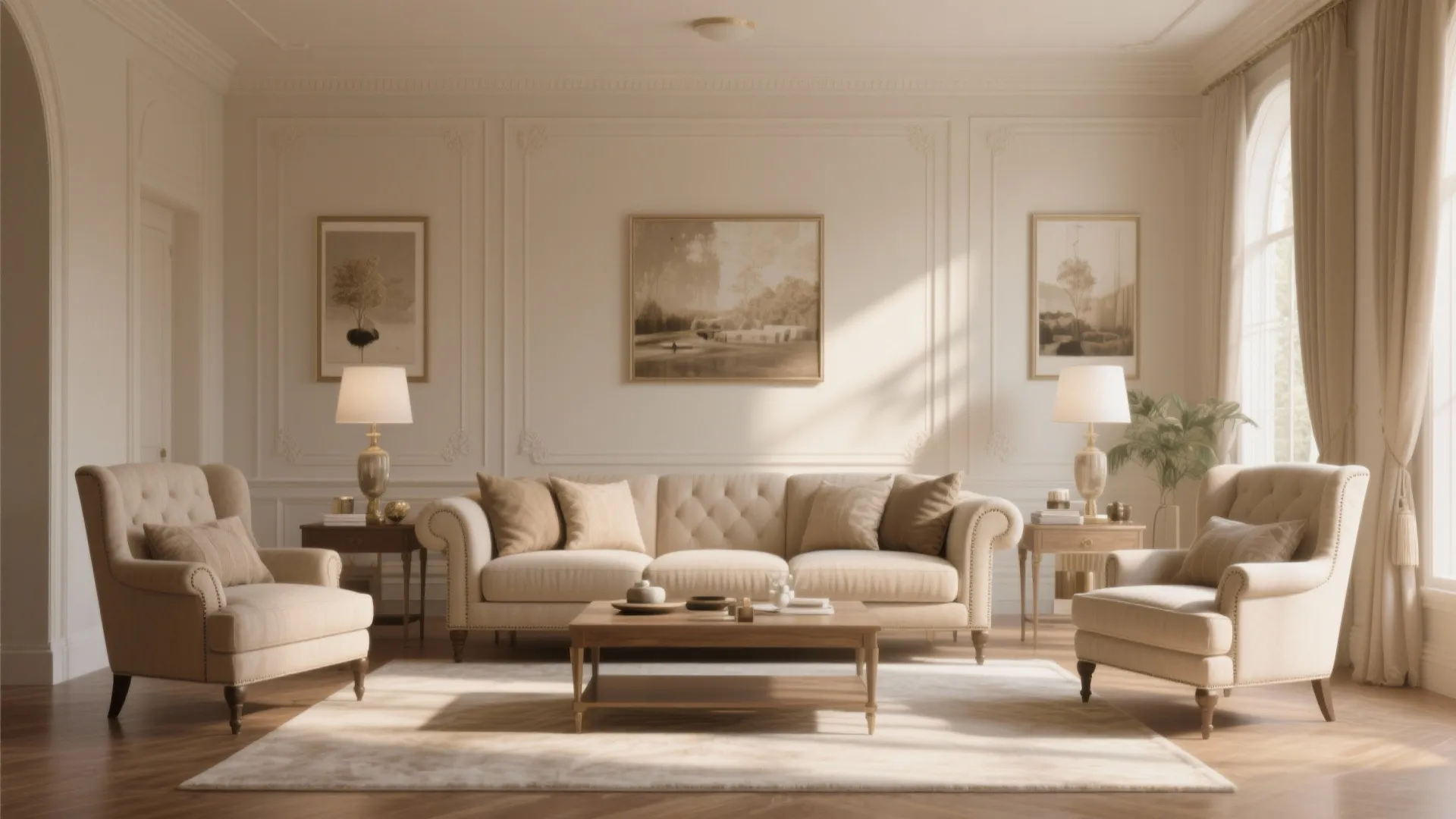 Elegant symmetrical living room with cream sofa, matching armchairs, wooden coffee table, and wall panel
