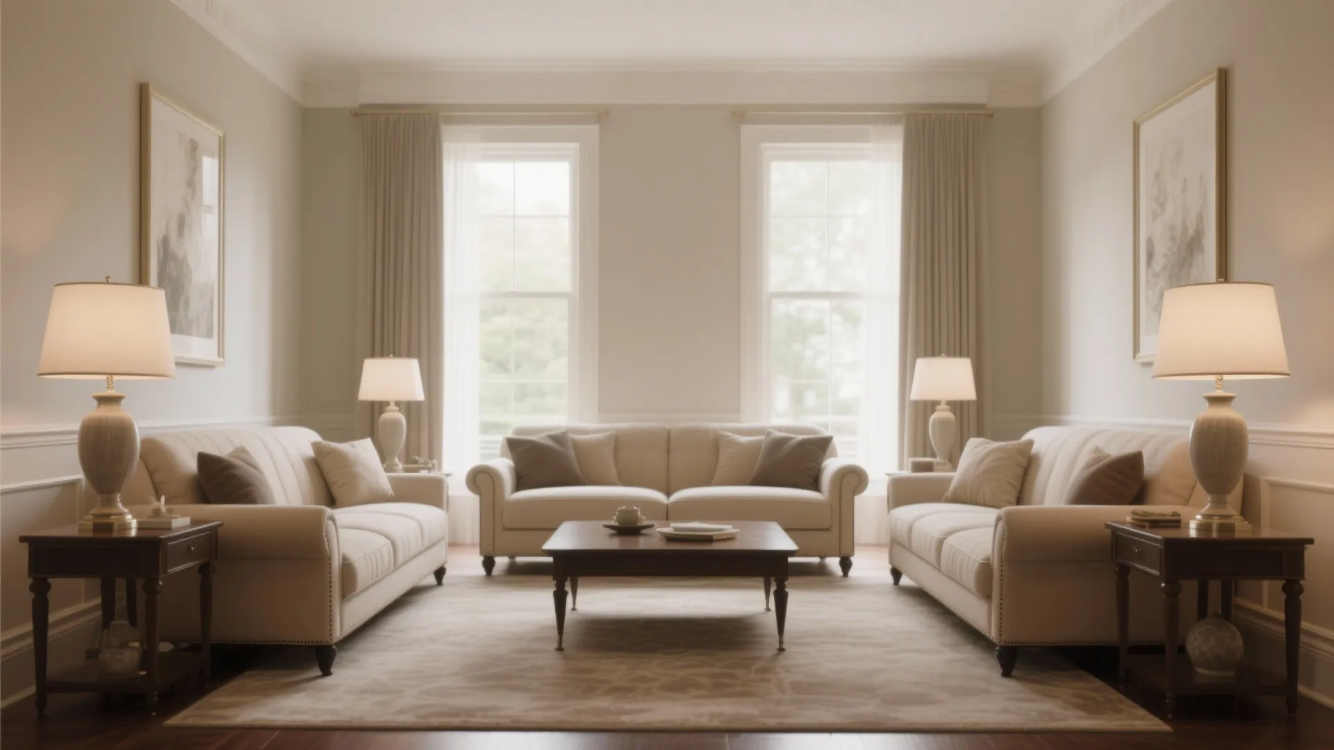 Symmetrical living room design with three cream sofas arranged around a dark wood coffee table