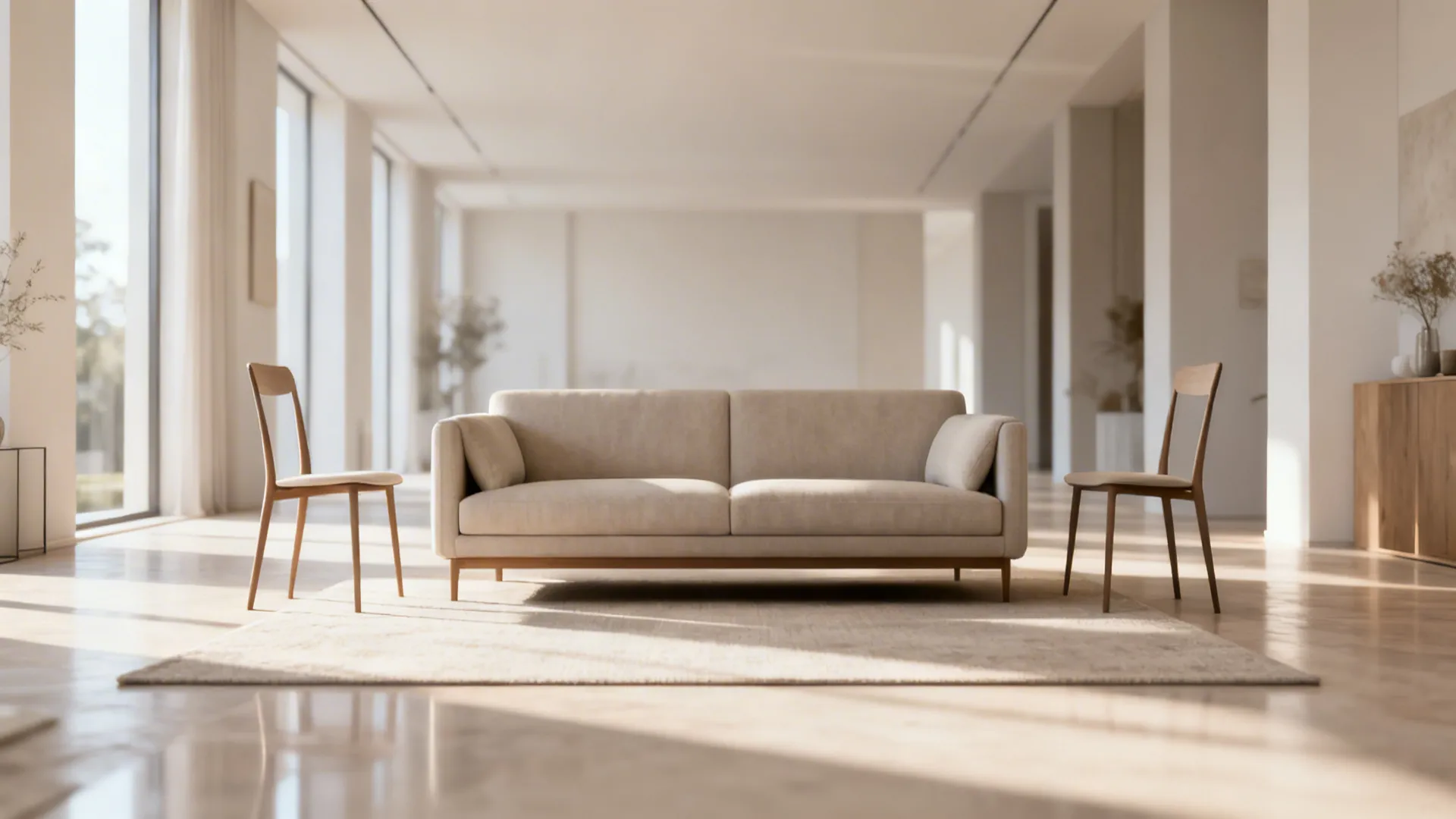Loveseat with two slim accent chairs creating a symmetrical, airy living room layout
