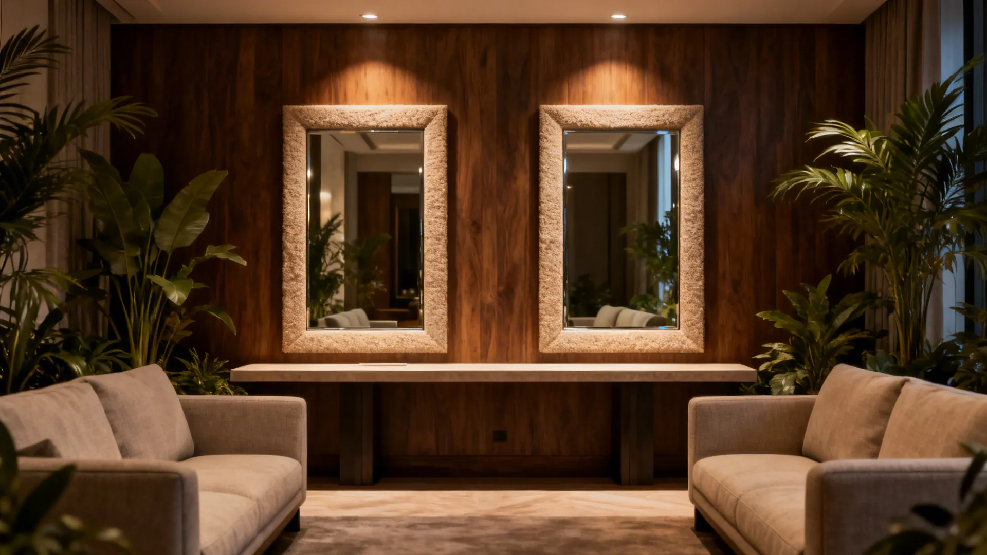 Symmetrical wall mirrors on wooden wall panels above a long table with two grey sofas