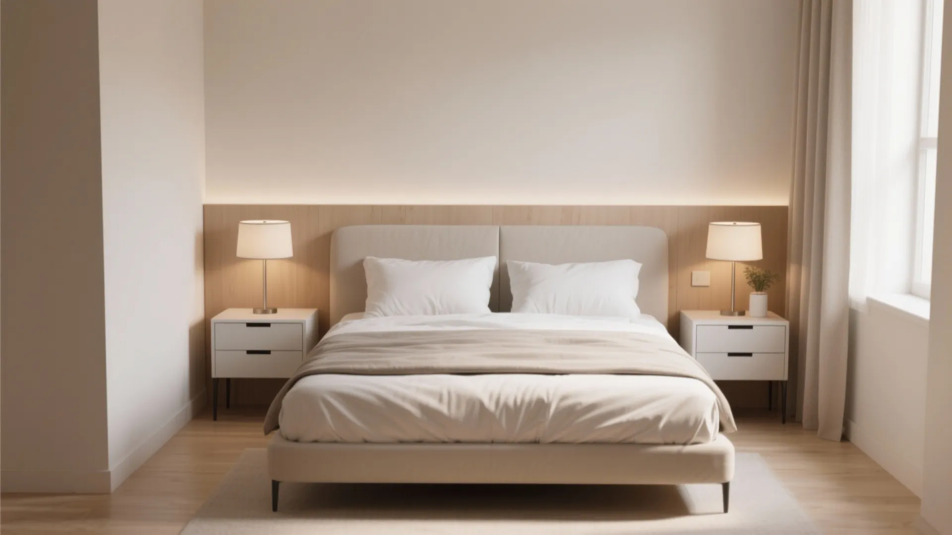 Modern minimalist bedroom with beige bed white side tables warm headboard lighting and natural light