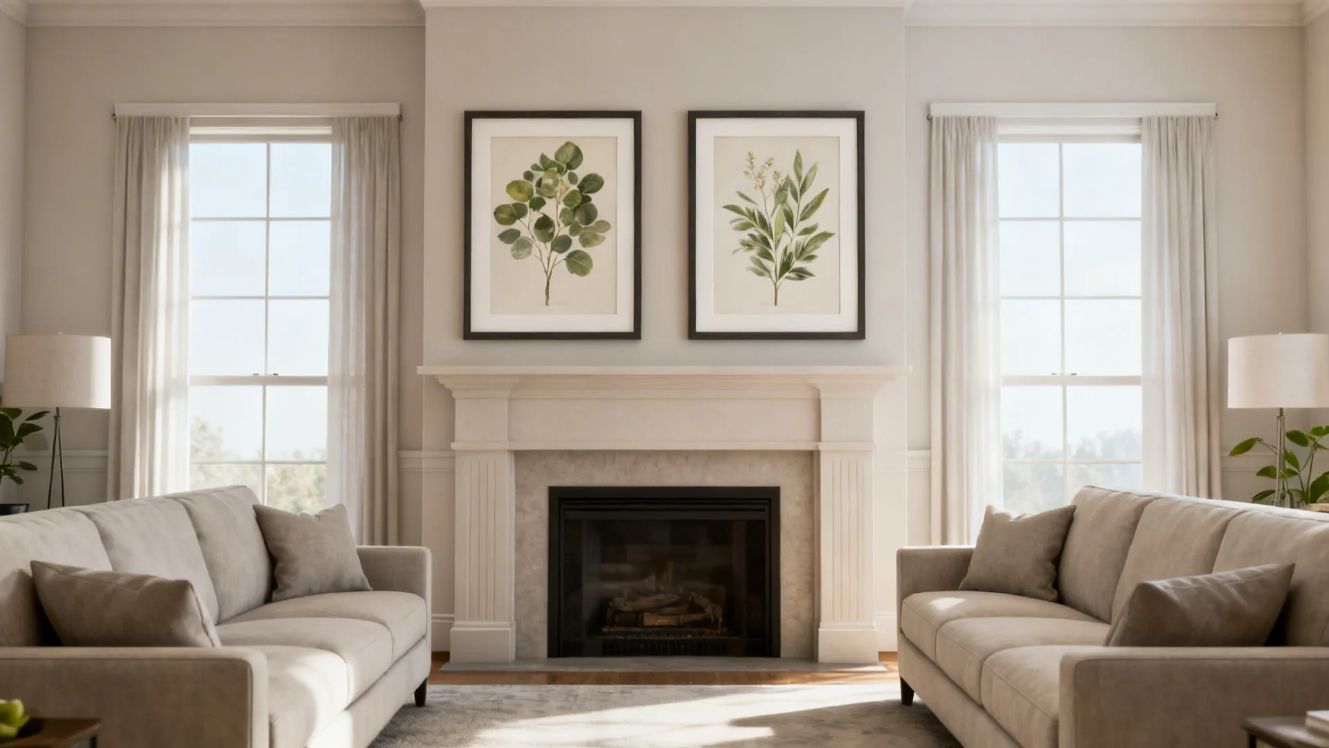 Two matching framed prints flanking a console creating a balanced, symmetrical arrangement