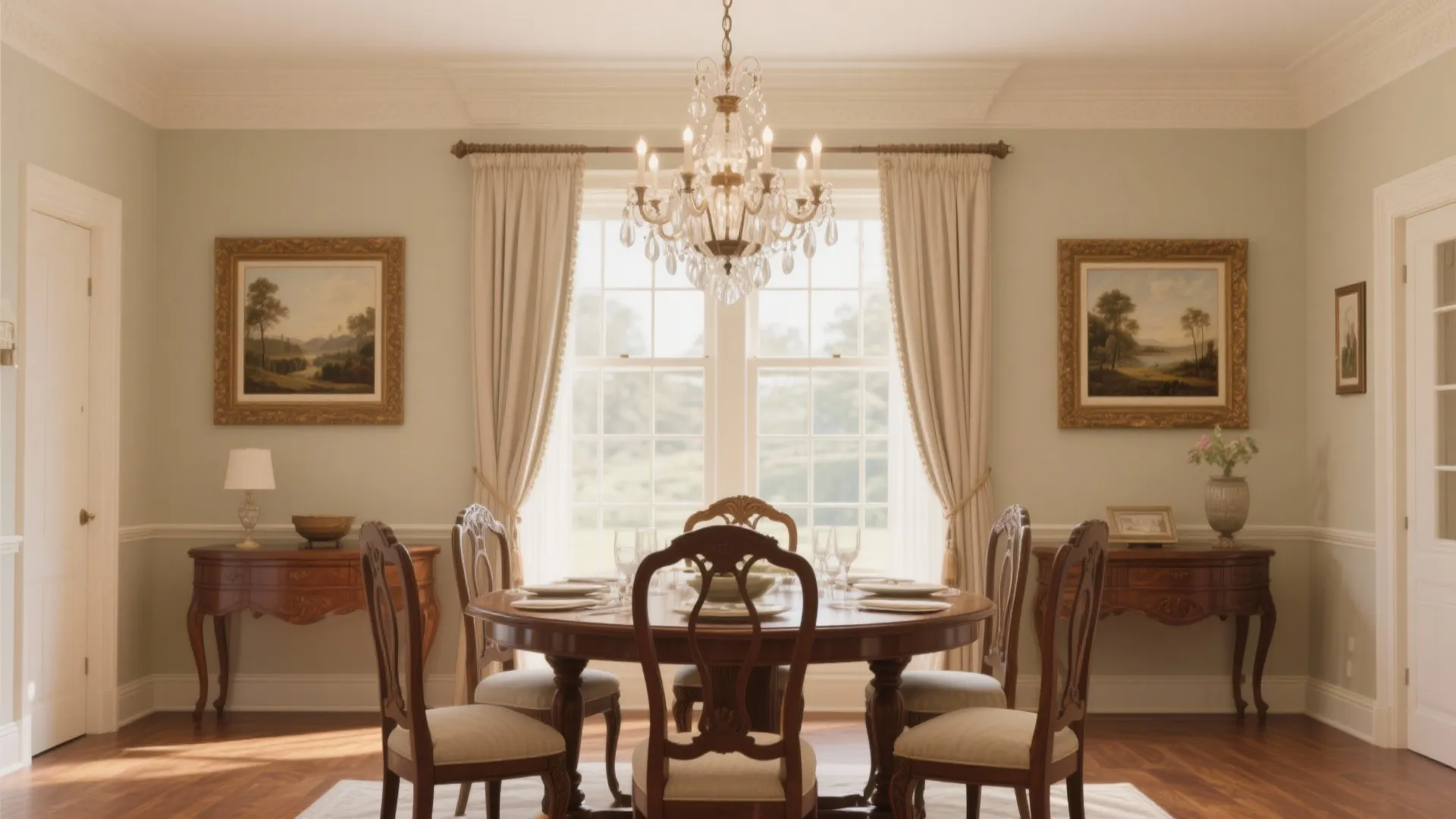Elegant dining room with wooden table and chairs plus large ceiling light and white curtains