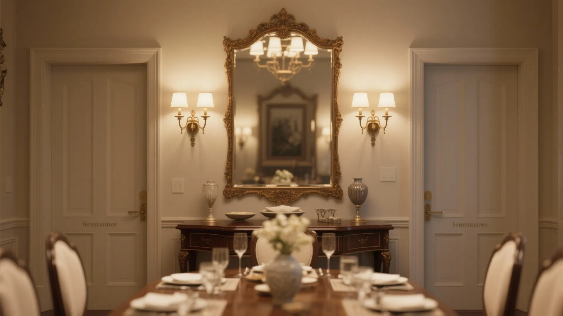 Formal dining room with symmetrical sconces beside a mirror