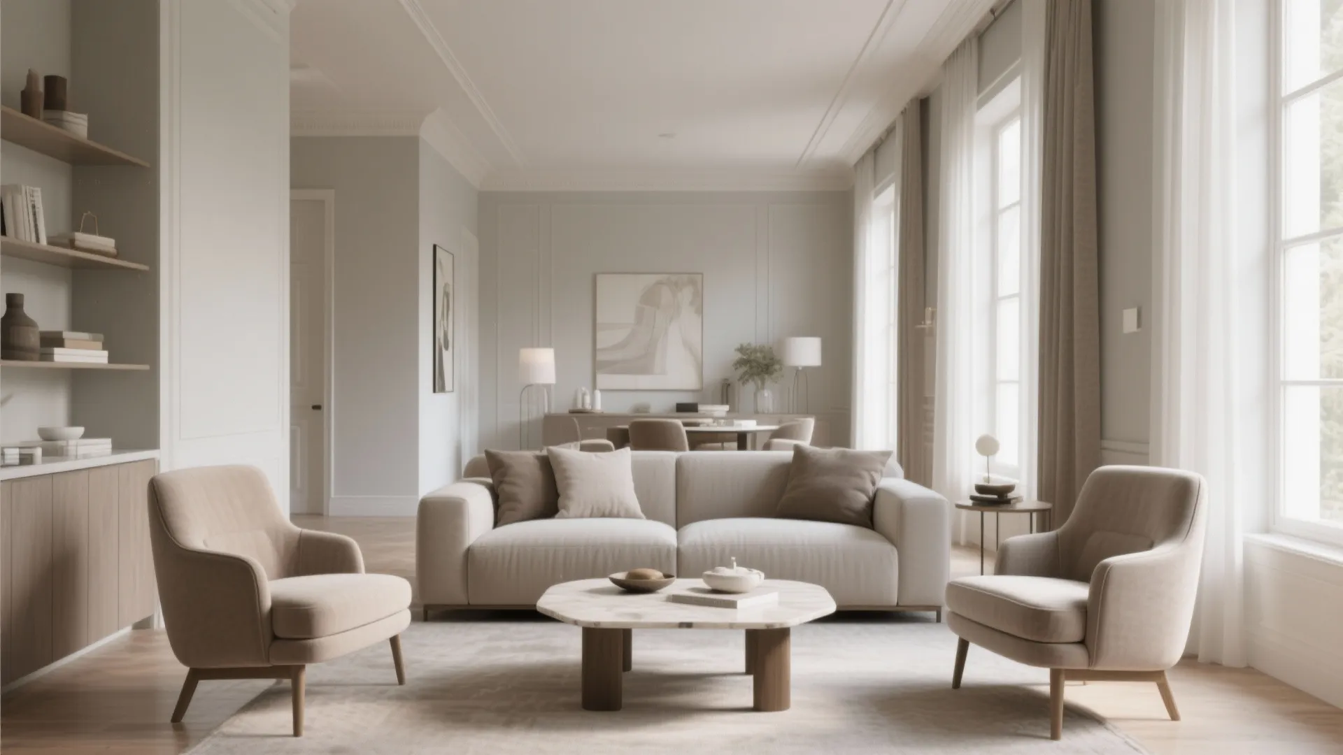 Symmetrical seating layout in a long living room