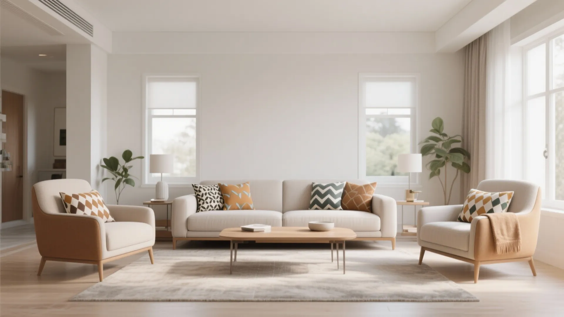 Symmetrical living room setup with beige sofa two armchairs wooden coffee table and white wall