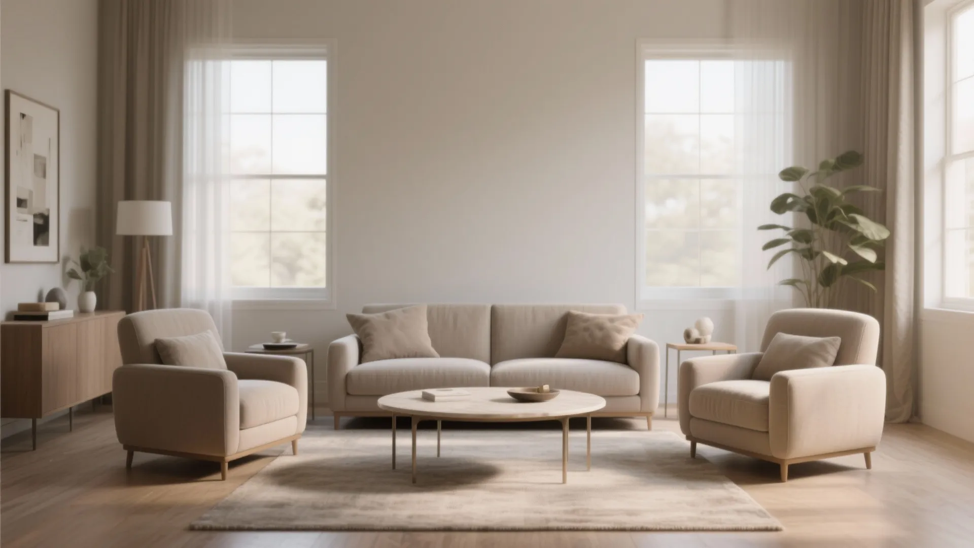 Symmetrical living room with beige sofa two armchairs round coffee table rug and large windows