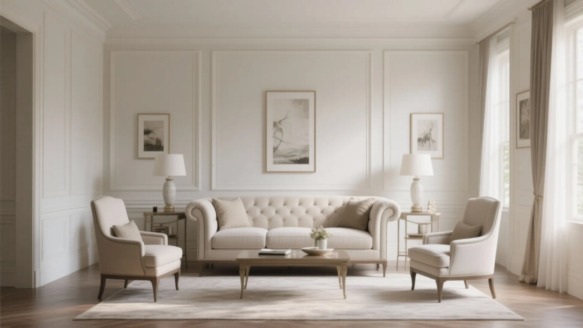 Elegant living room with white wall panel two armchairs one sofa and a coffee table