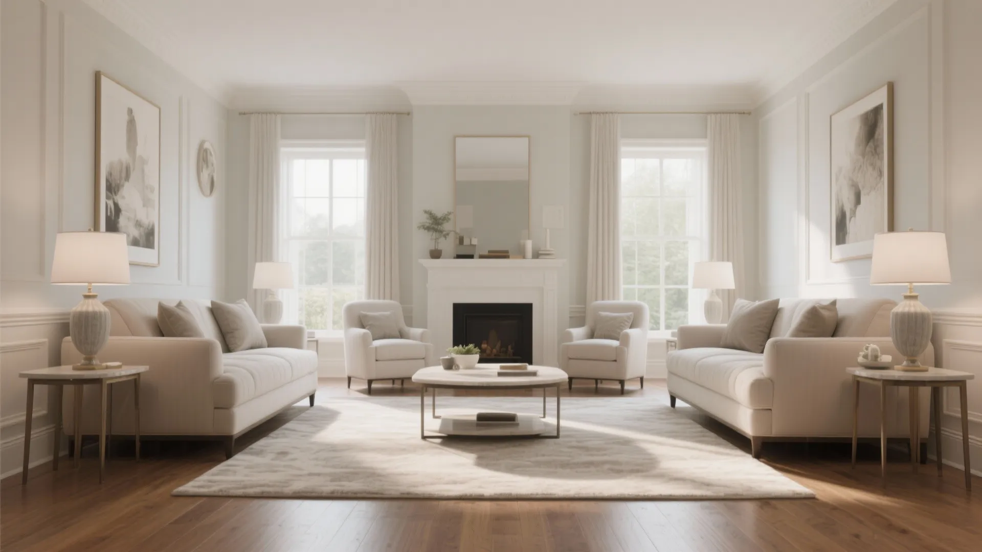 Symmetrical living room layout with two white sofas facing each other around a white fireplace