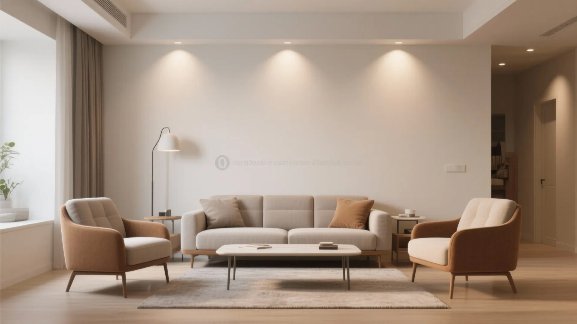 Symmetrical living room layout with beige sofa two matching chairs coffee table and warm wall lights