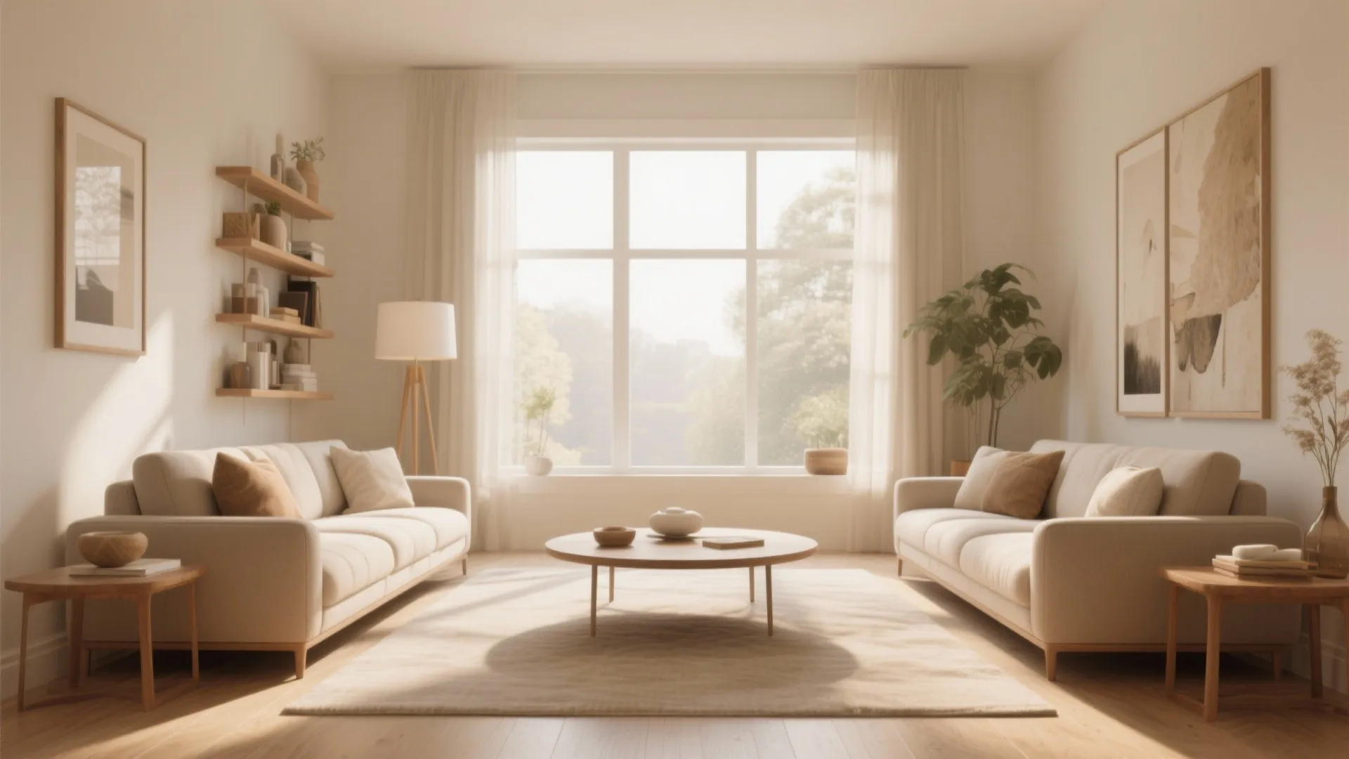 Symmetrical living room design with two beige sofas facing each other around a round coffee table
