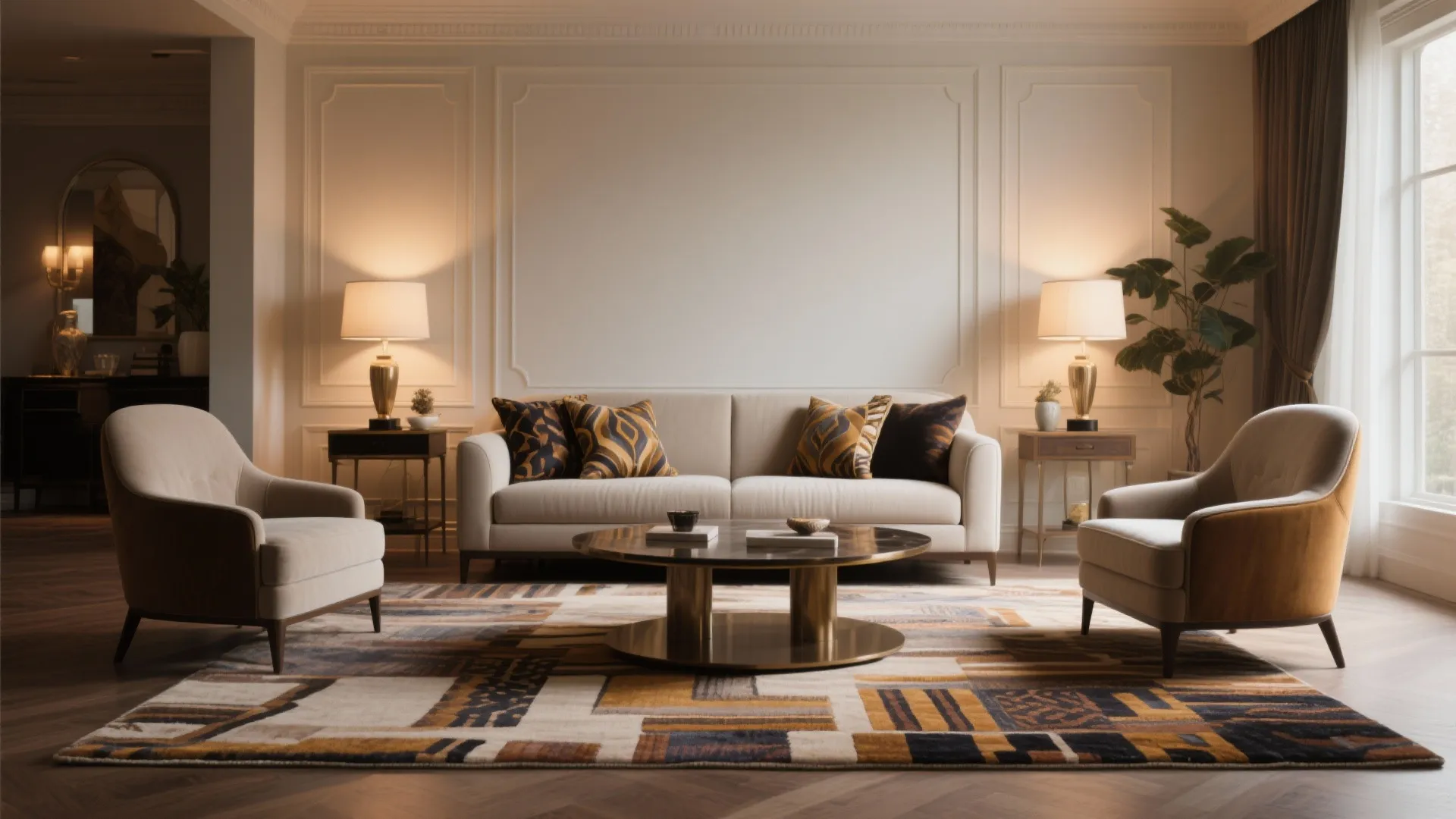 Elegant living room with symmetrical seating white wall panel patterned rug coffee table and table lights