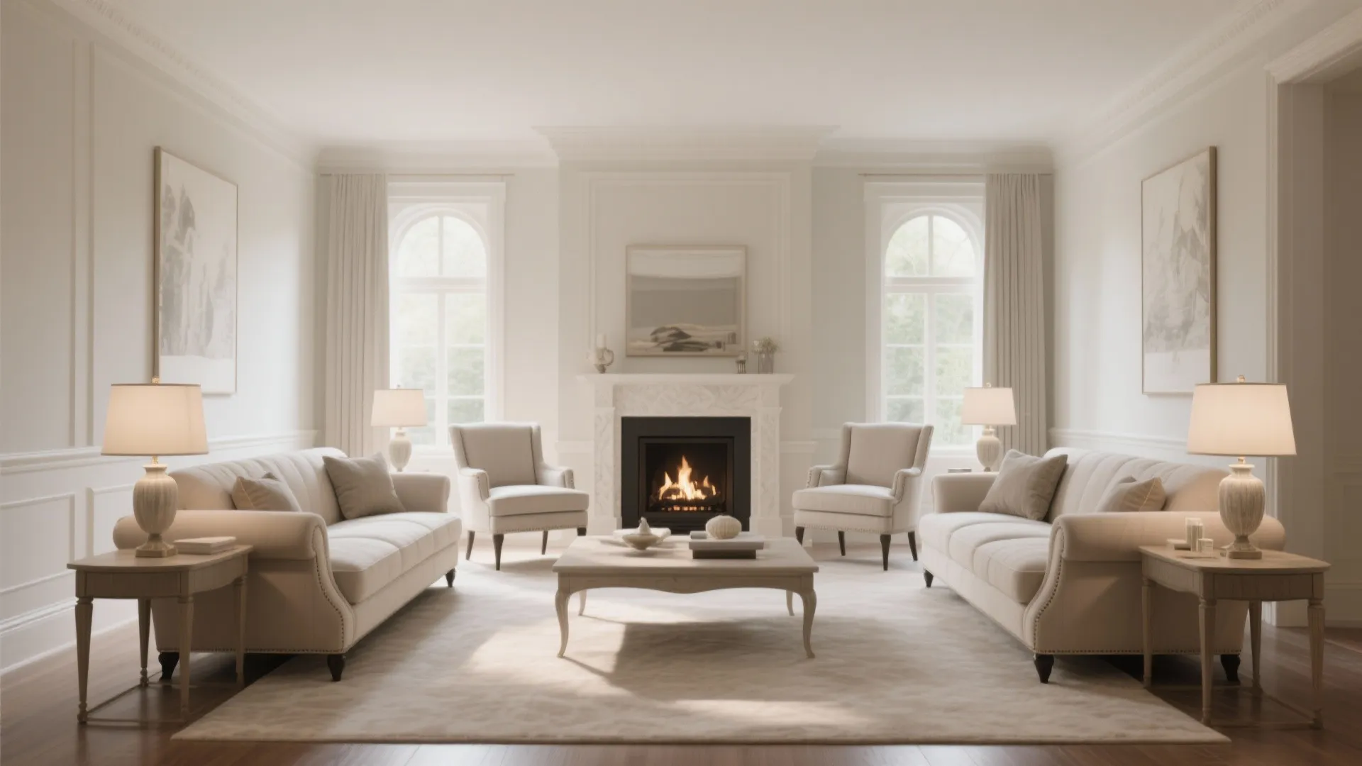 Symmetrical white living room with two sofas chairs fireplace coffee table and warm table lamps