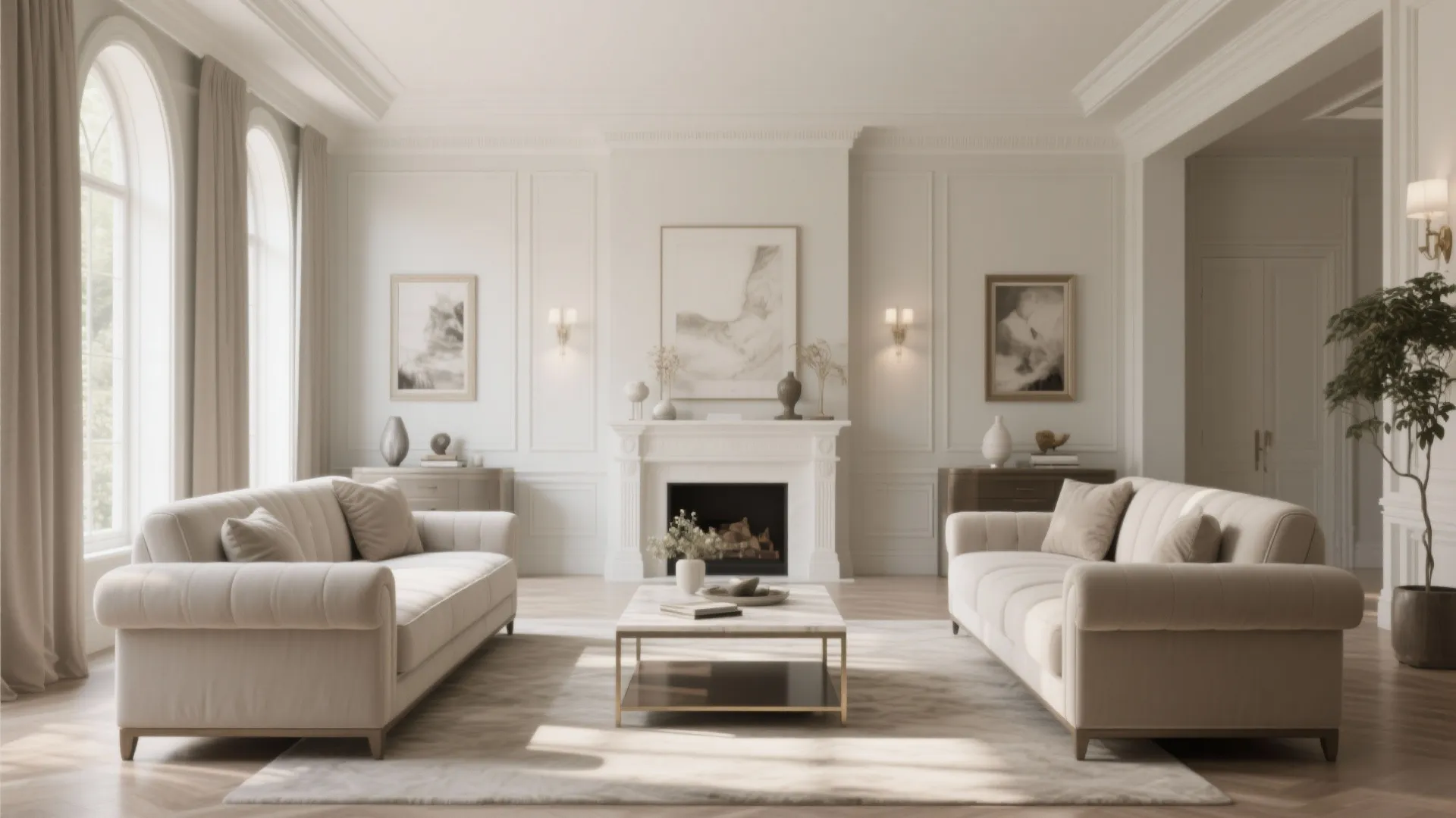Cream living room with two sofas facing a white fireplace marble table and wall panel