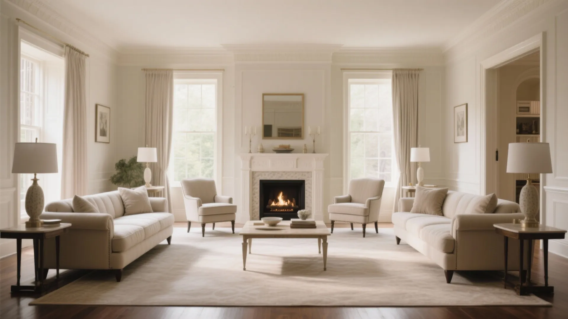 Elegant white living room with symmetrical sofas fireplace coffee table two armchairs and large white curtains