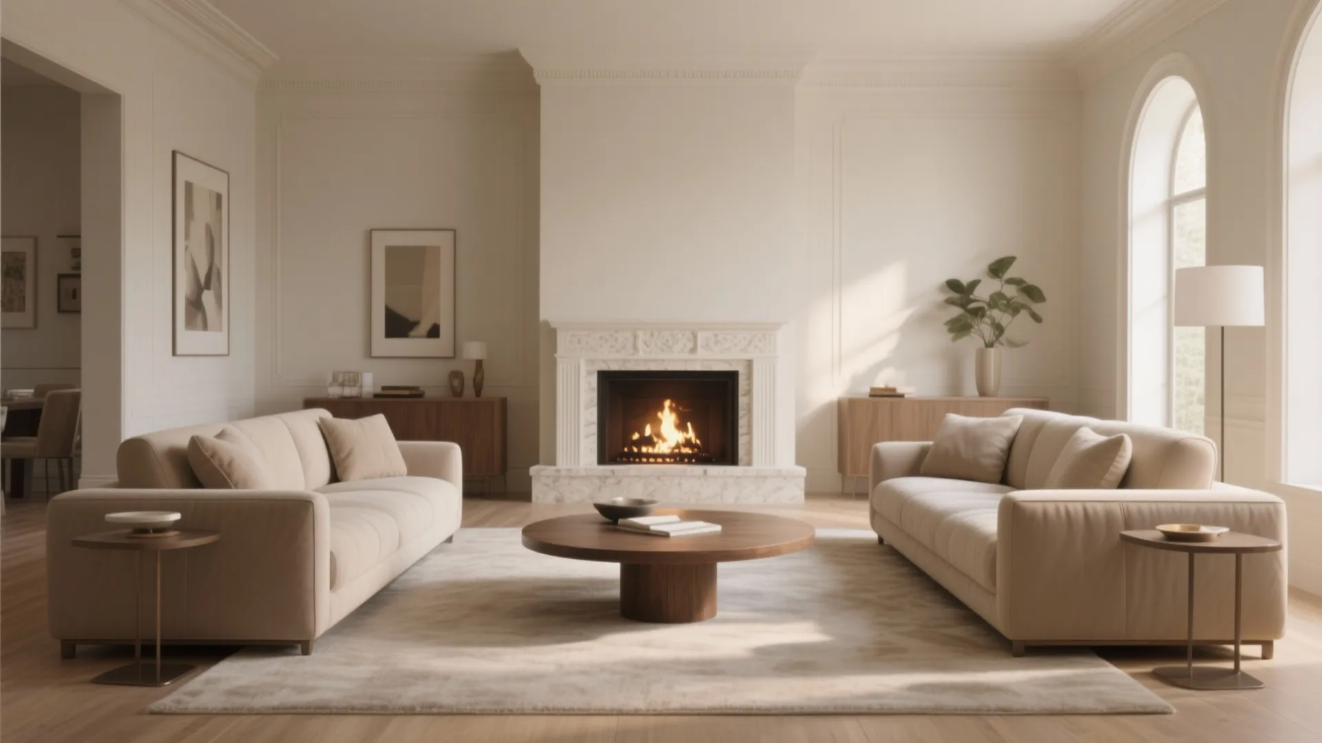 Elegant living room with two beige sofas facing each other around a round wooden coffee table