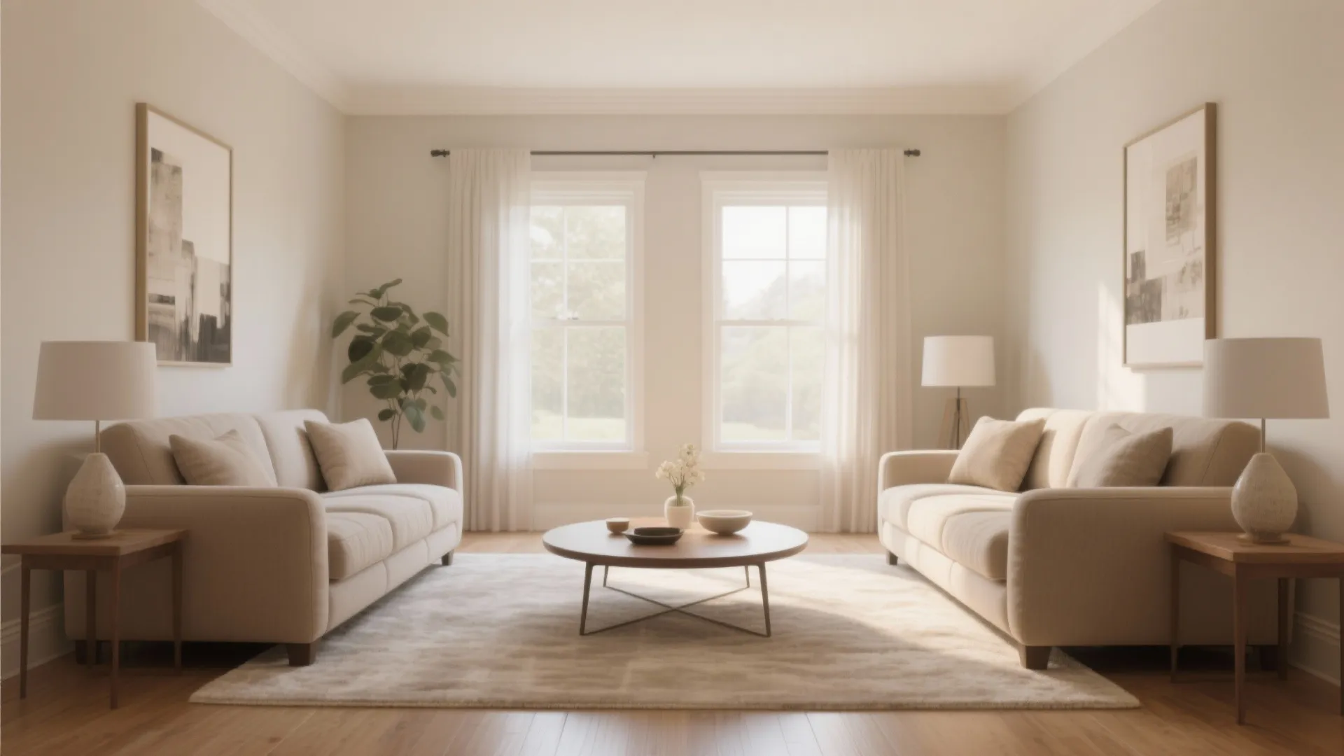 Symmetrical living room with two sofas facing each other for social gatherings