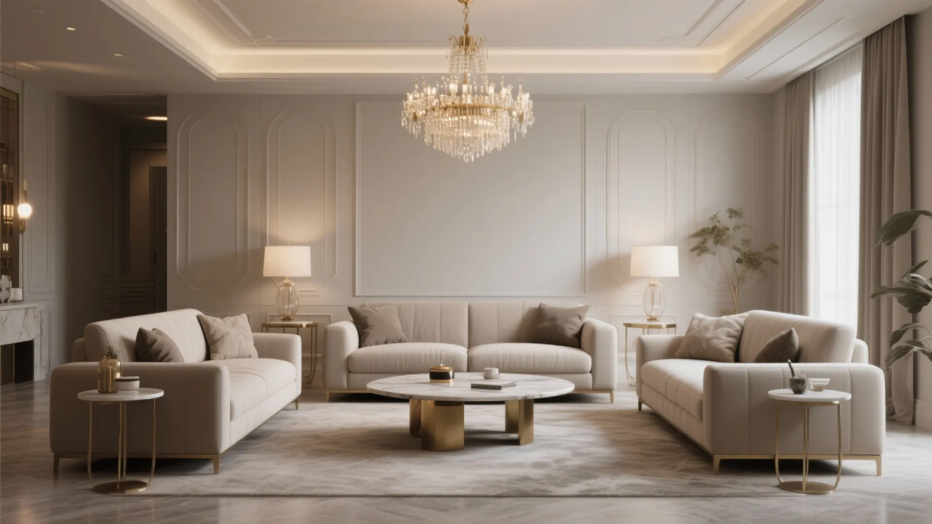 Elegant living room with symmetrical cream sofas round marble coffee table and large gold ceiling light