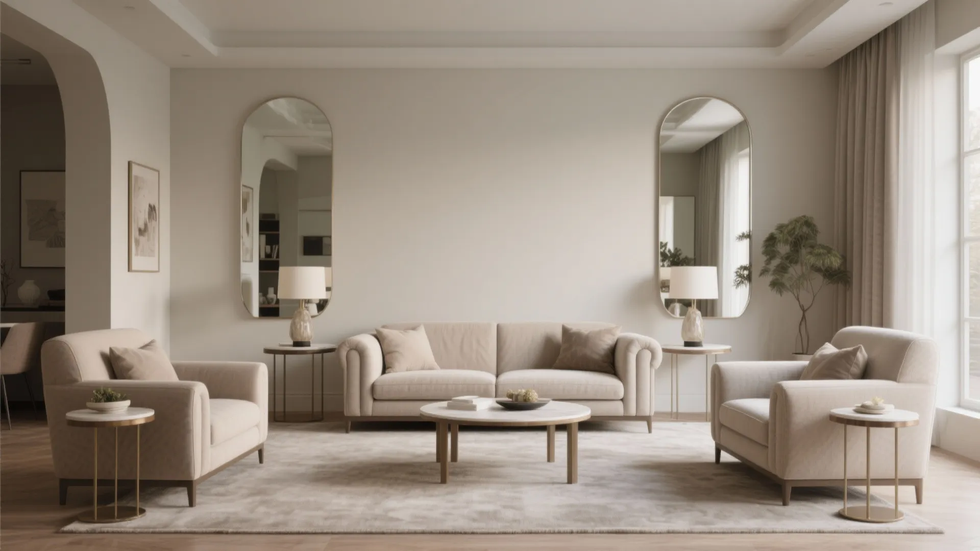 Symmetrical living room with cream sofa and chairs plus two wall mirrors and side tables