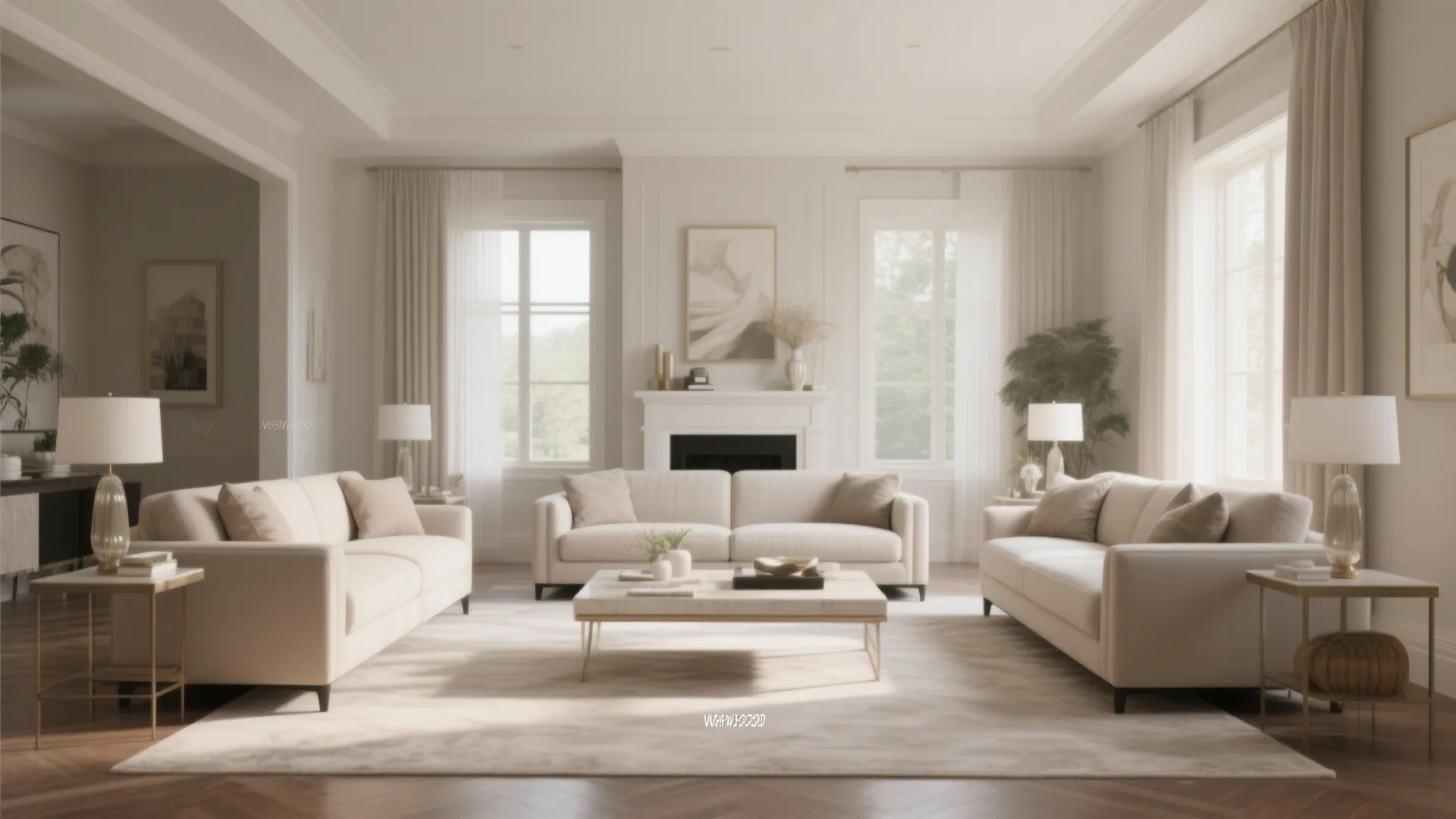 Symmetrical living room layout with white sofas marble coffee table fireplace and matching table lamps