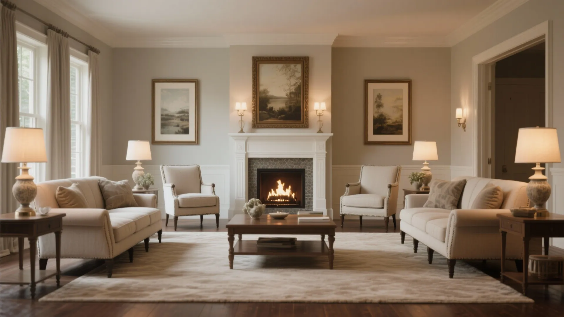 Symmetrical living room with two beige sofas a white fireplace coffee table and table lamps