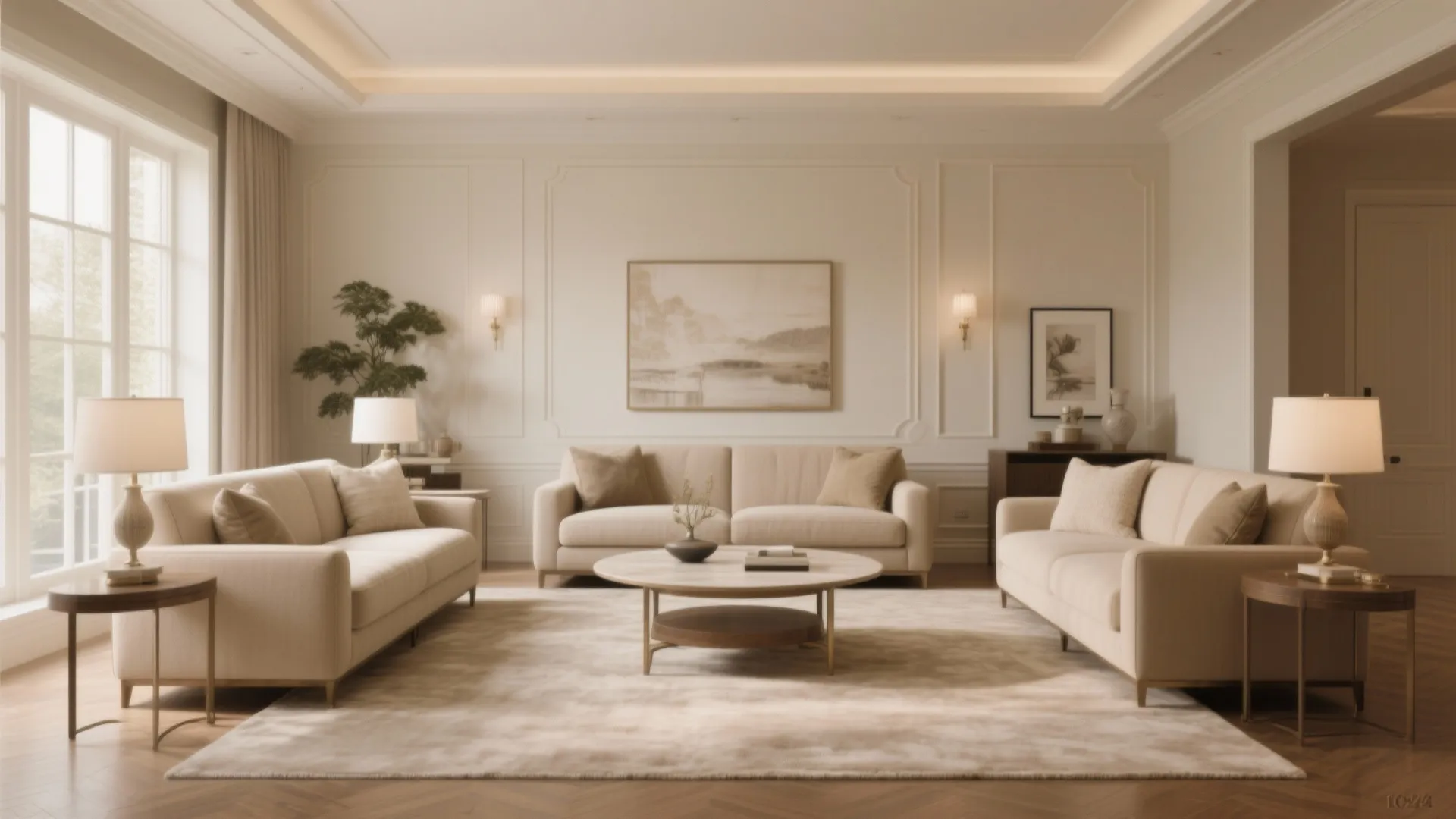 Symmetrical living room layout with three cream sofas round coffee table wall panels and table lamps